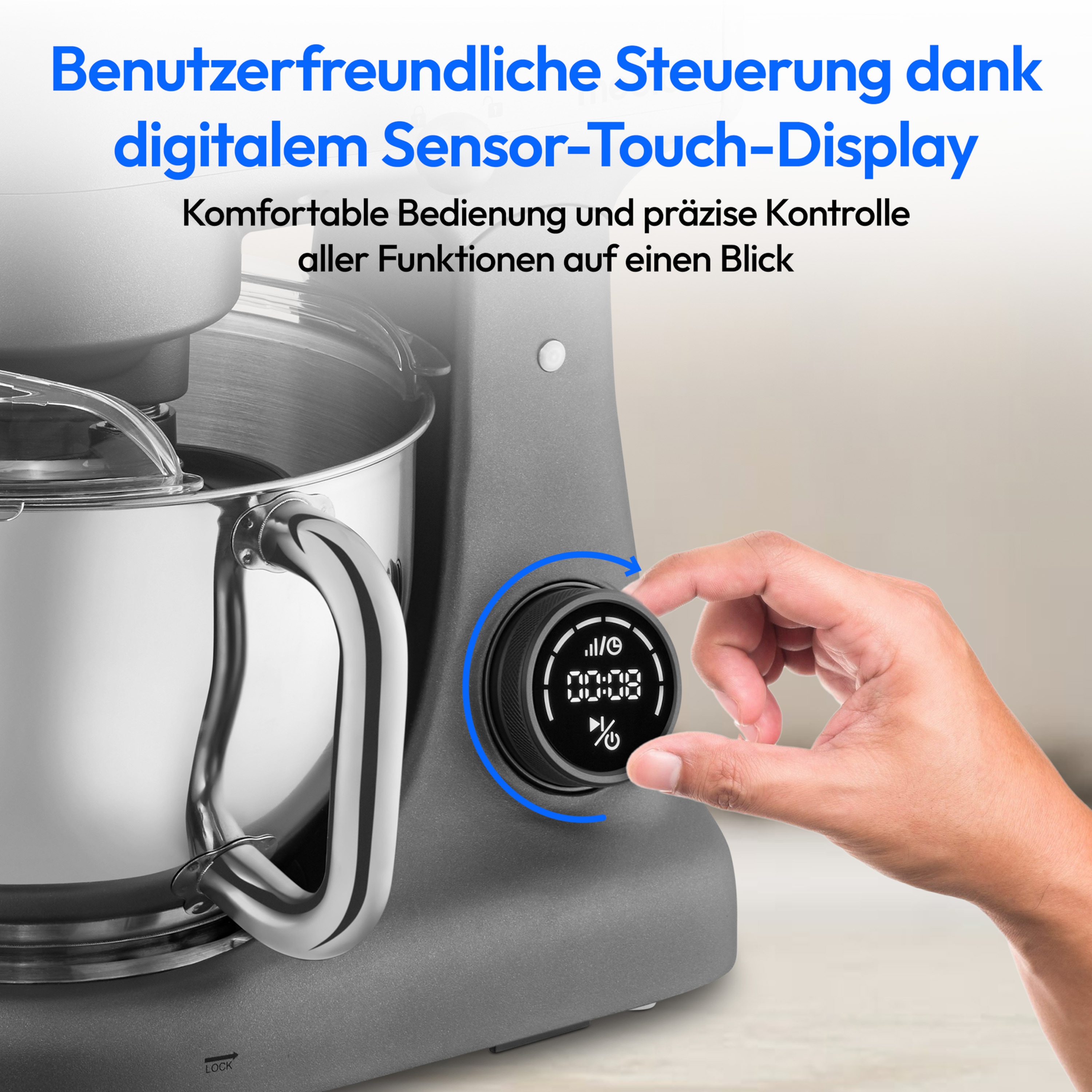 MEDION® LIFE Digitale Küchenmaschine MD12600, 800 W Gleichstrommotor, Energiesparend, Ultraleise, Digitales Sensor-Touch-Display, 4,6 L Edelstahlschüssel, Inkl. Fleischwolf