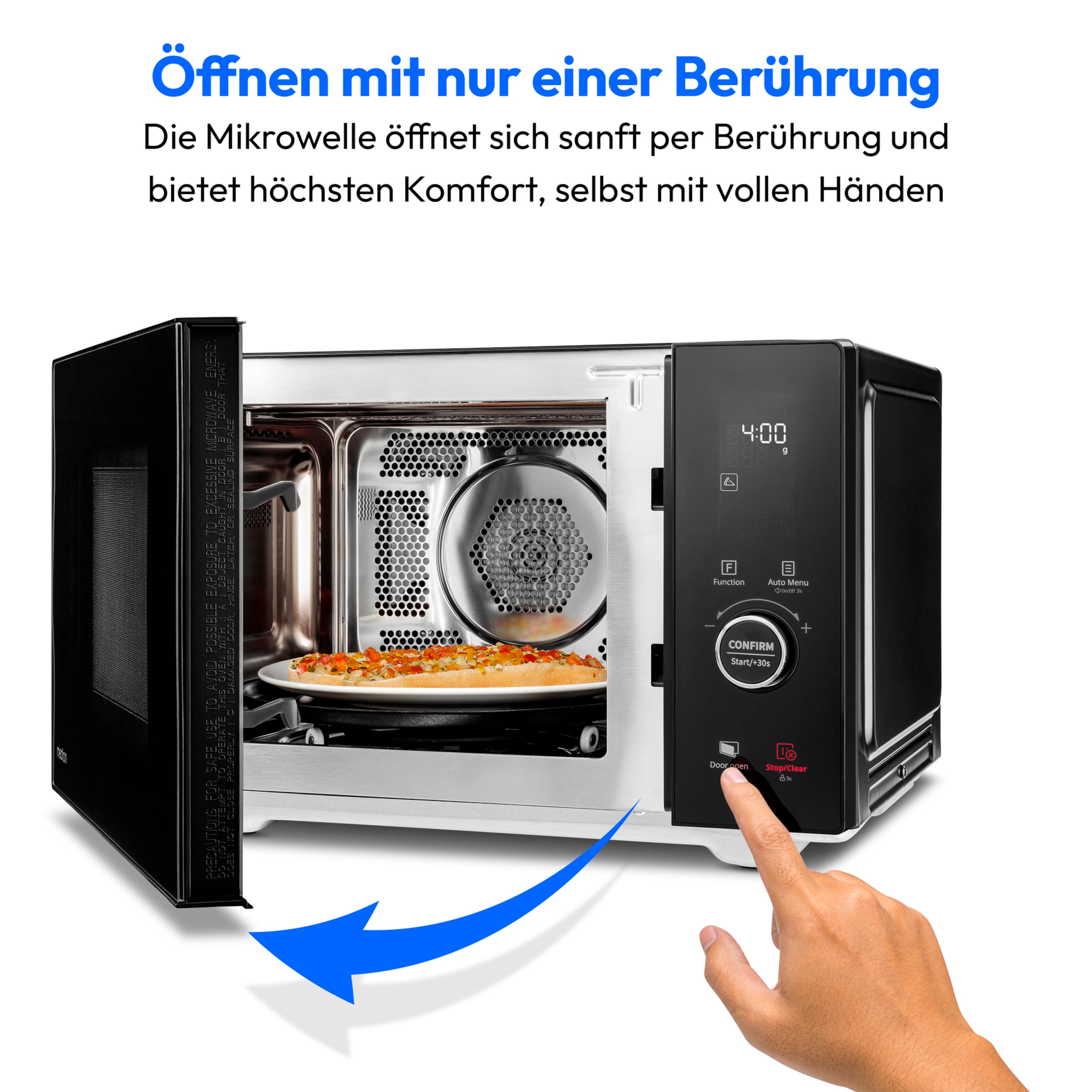 MEDION® LIFE® 4 in 1 Mikrowelle MD12041, 900 Watt Mikrowellenleistung, 1100 W Obergrillleistung, 500 W Untergrilleistung, 2100 W Heißluftfunktion, 2 Heizelemente, Sensor-Touch-Türöffnung, 11 Automatikprogramme, 25 L Kapazität, 10 Leistungsstufen