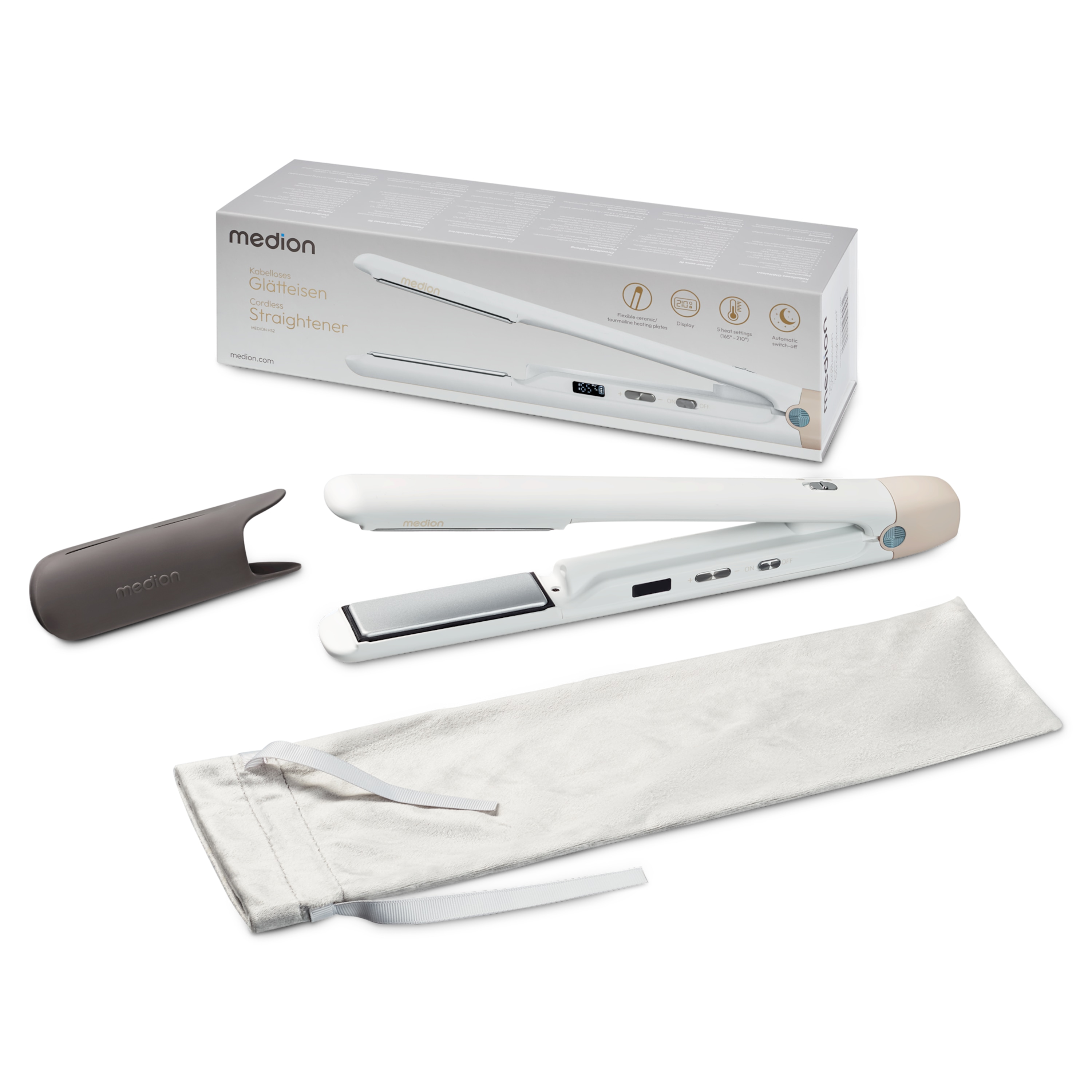 MEDION® LIFE HS2 kabelloses Glätteisen, flexible Keramik-/Turmalin Heizplatten mit Temperatursensor, Display mit Temperatur- und Akkuanzeige, 5 regelbare Hitzestufen (165° - 210°)