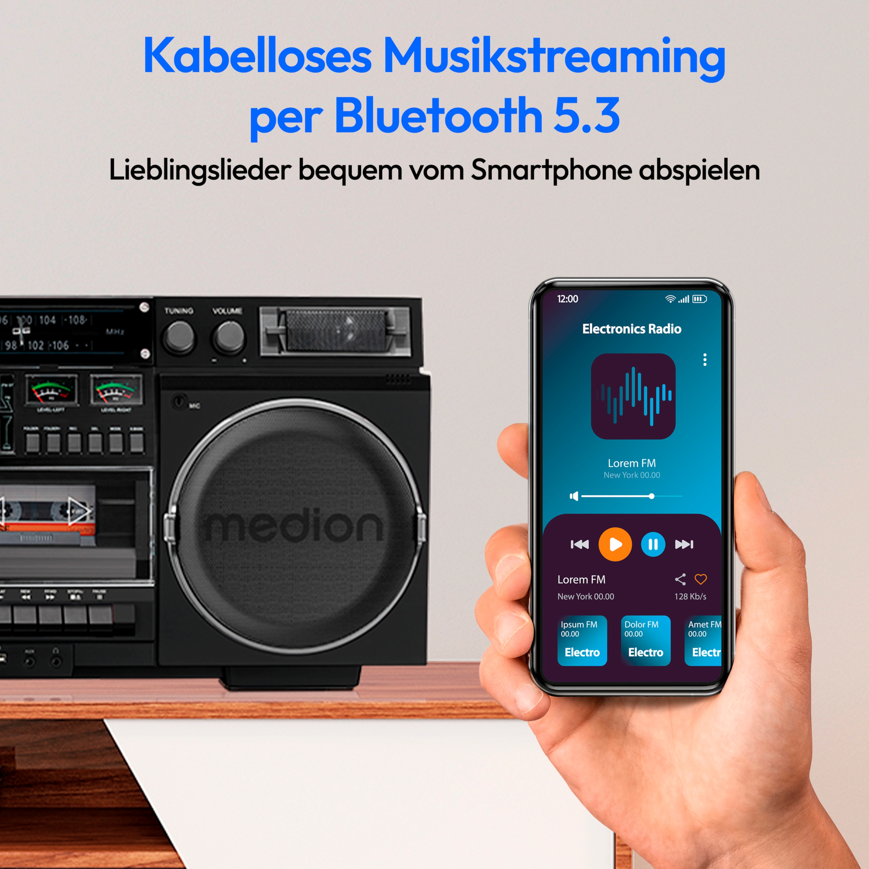 MEDION® LIFE® P66538 Retro-Boombox, DAB+/PLL-UKW Radio, Bluetooth® 5.3 für das Abspielen von Smartphone & Co, CD-Player, Kassettendeck, X-Bass Funktion, 2 x 10 W RMS