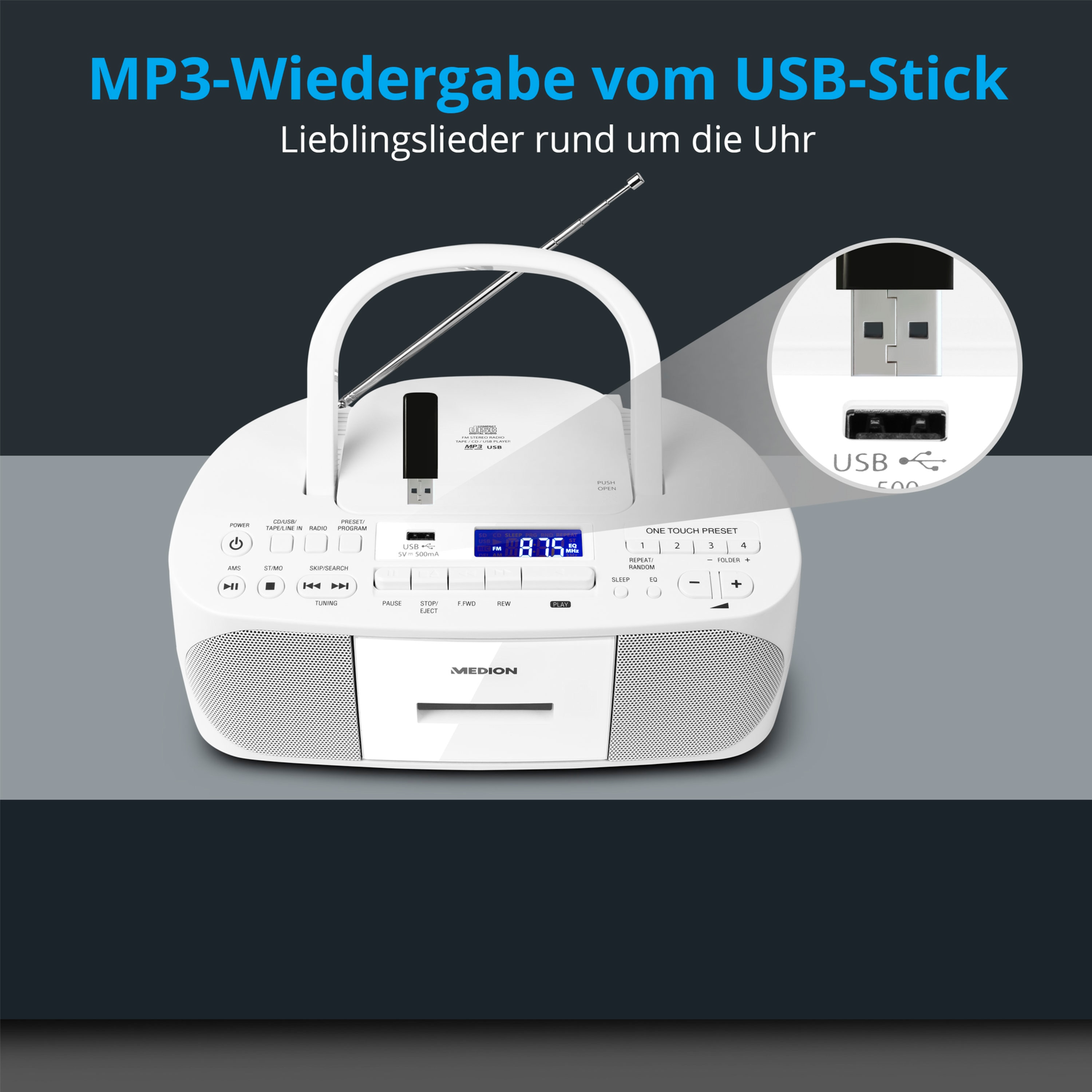 MEDION® LIFE® E64070, CD-Kassetten-Radio mit MP3-Wiedergabe, PLL-UKW Radio, USB Anschluss, CD-R/RW kompatibel, AUX, 2 x 30 W max. Musikausgangsleistung