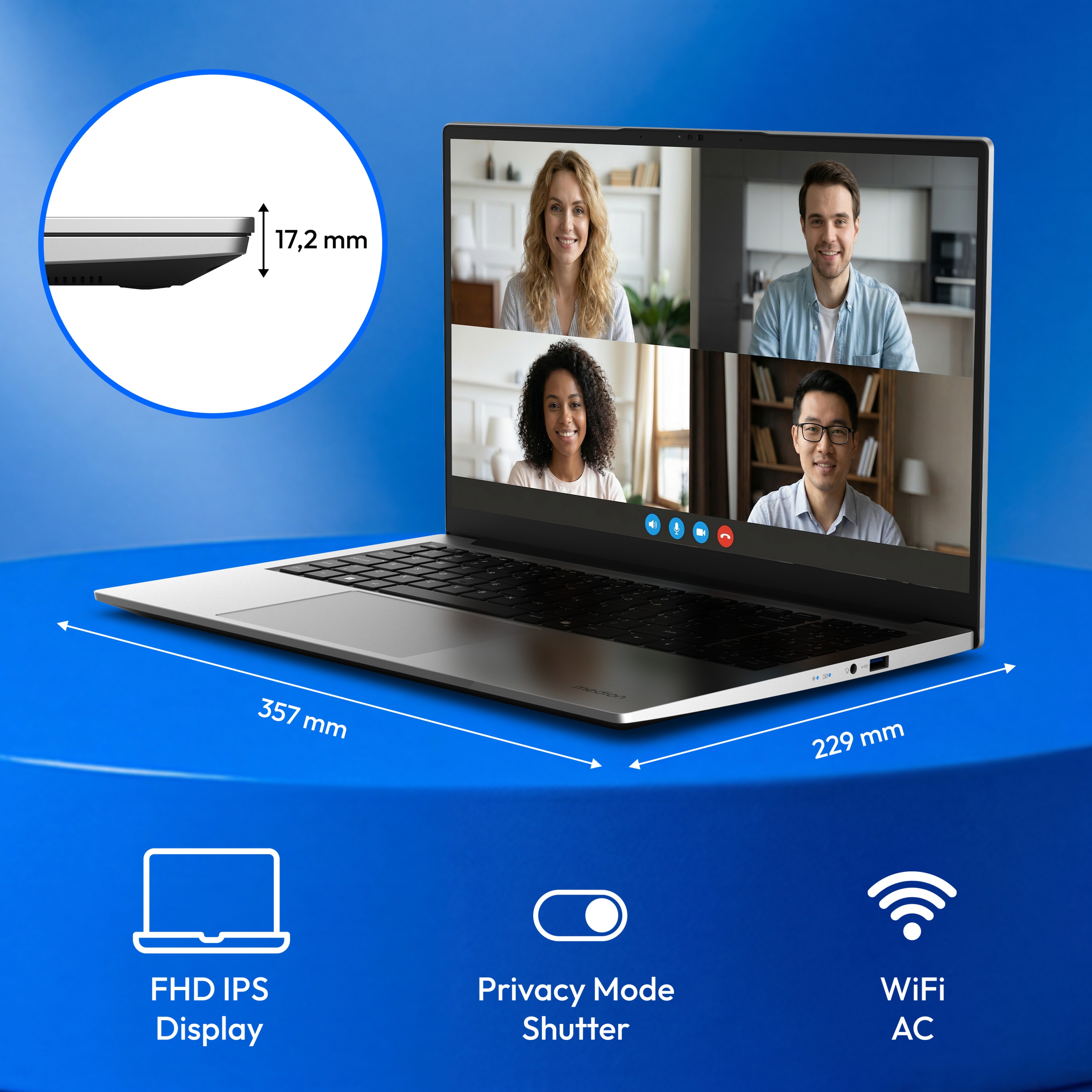 MEDION® Avantum 15 E2e Laptop, Intel® Prozessor N100 , Windows 11 Home (S Modus), 39,5 cm (15,6") FHD Display, 128 GB SSD, 8 GB RAM , KEIN NETZTEIL