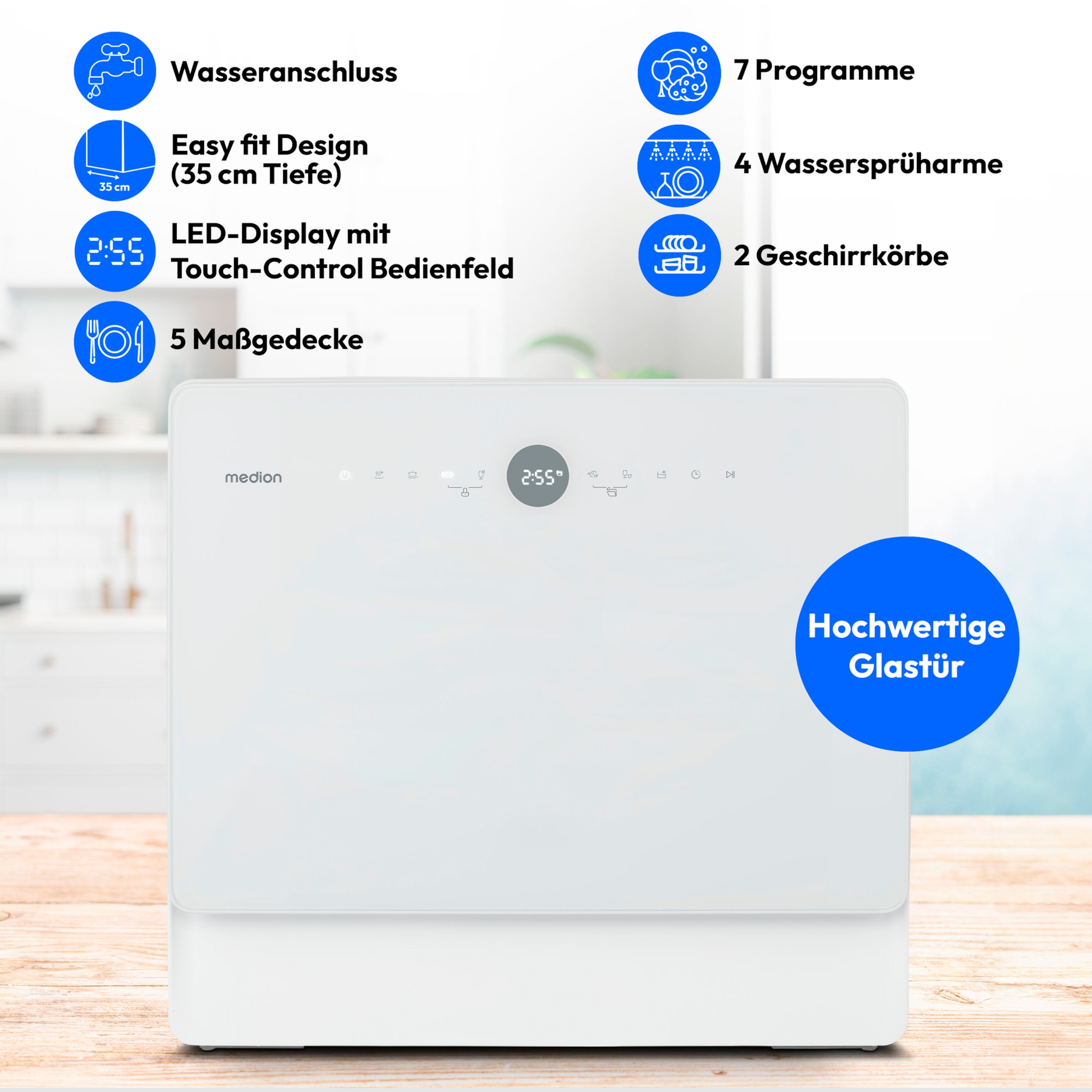 MEDION® LIFE® Tischgeschirrspüler DWT50 (MD 37775), 7 Reinigungsprogramme, Wasseranschluss, für 5 Gedecke, EasyFit Design, Touch-Bedienfeld, LED-Display