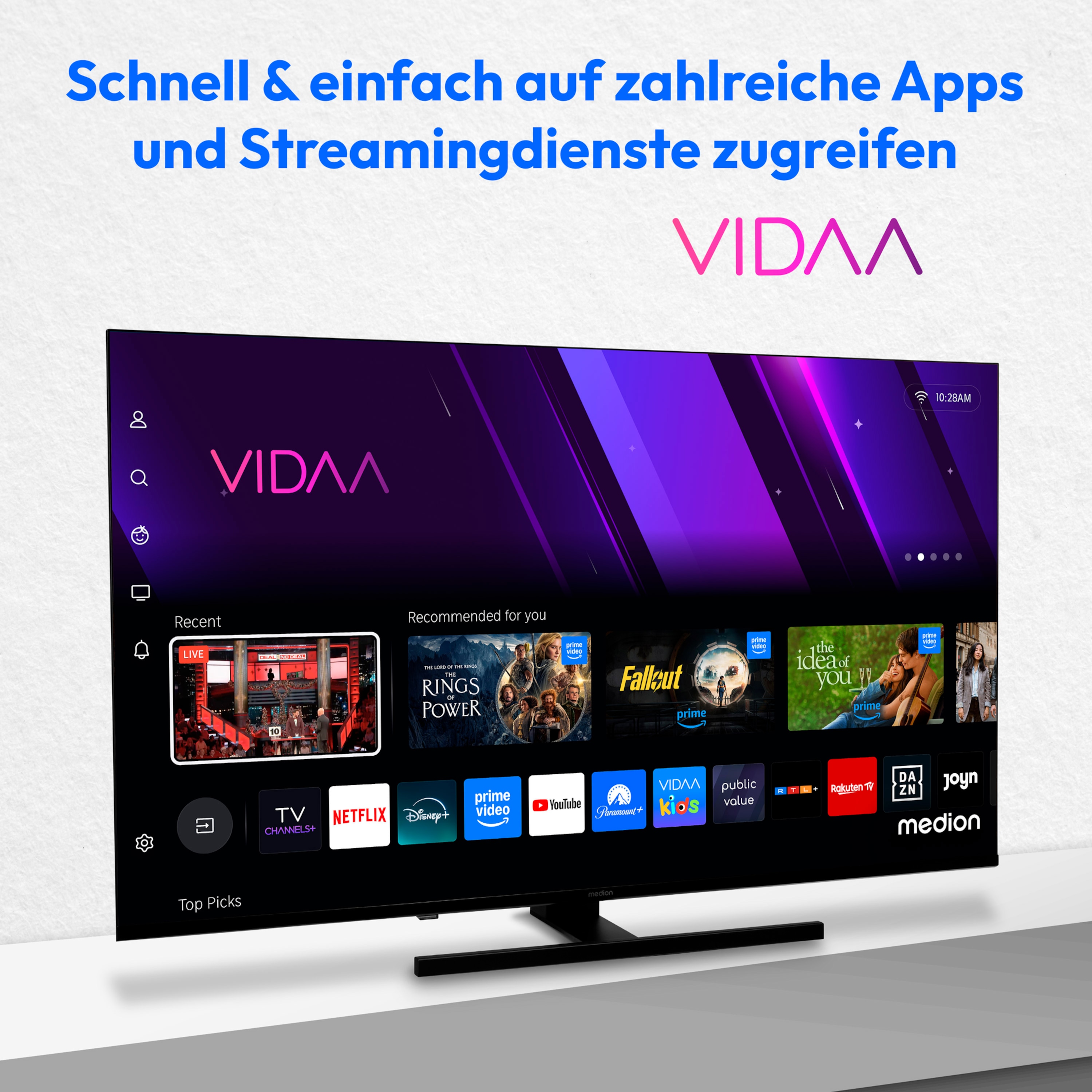 MEDION® LIFE X8552504 (MD 855600) QLED Smart-TV, 138,8 cm (55'') Ultra HD Display, HDR, Dolby Vision®, MEMC, PVR ready, VIDAA App Store, NETFLIX, Disney+, Paramount+ & Amazon Prime Video App, Bluetooth®, DTS X, Dolby Atmos®, HD Triple Tuner