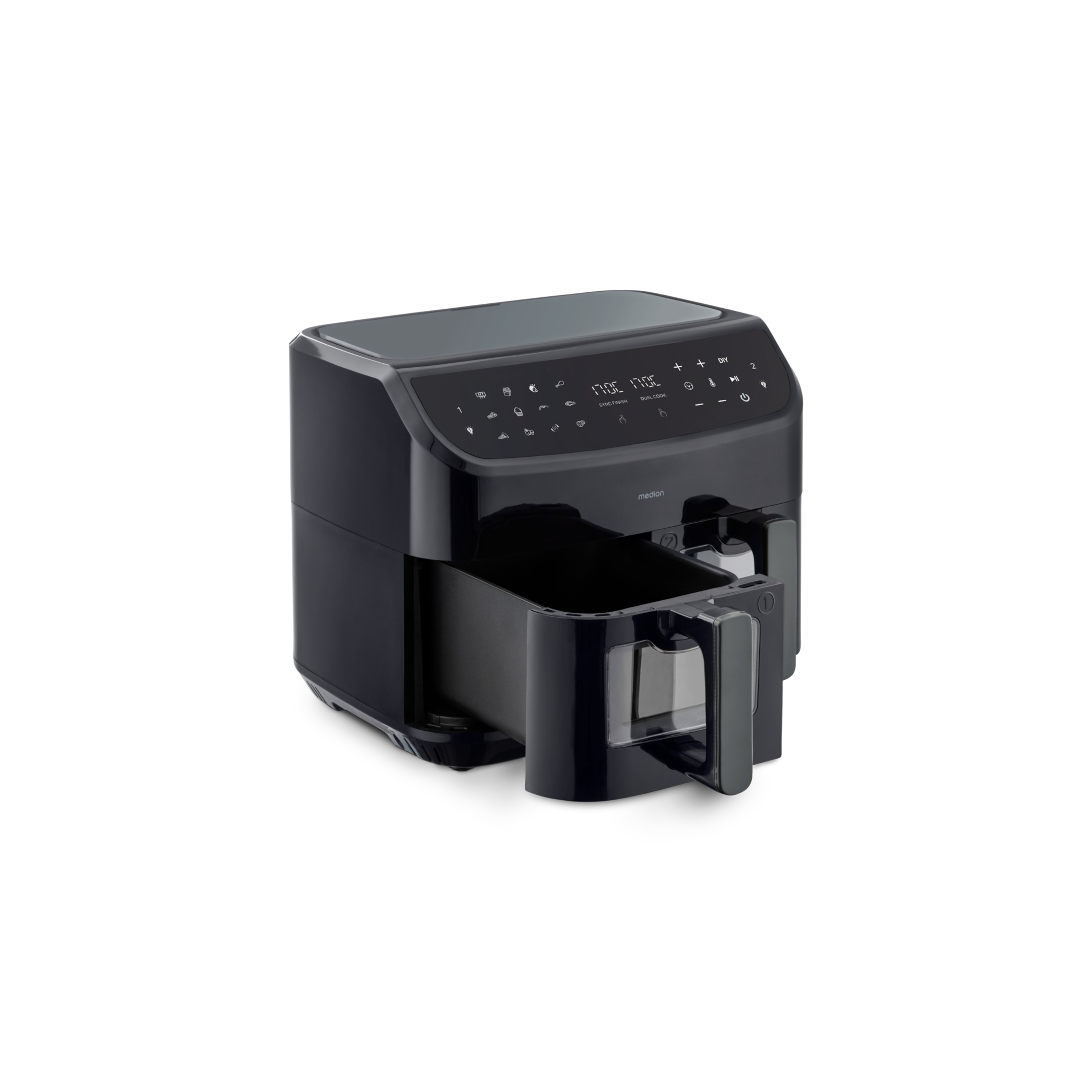 MEDION® LIFE® P20 XXL Twin Doppelzonen-Heißluftfritteuse MD 11760, 100 Rezepte in der Life+ App, 2 separate Garzonen, 9 Automatikprogramme, 8,7 L Gesamt-Nutzinhalt, 2.600 Watt, Temperatur einstellbar bis 200 °C