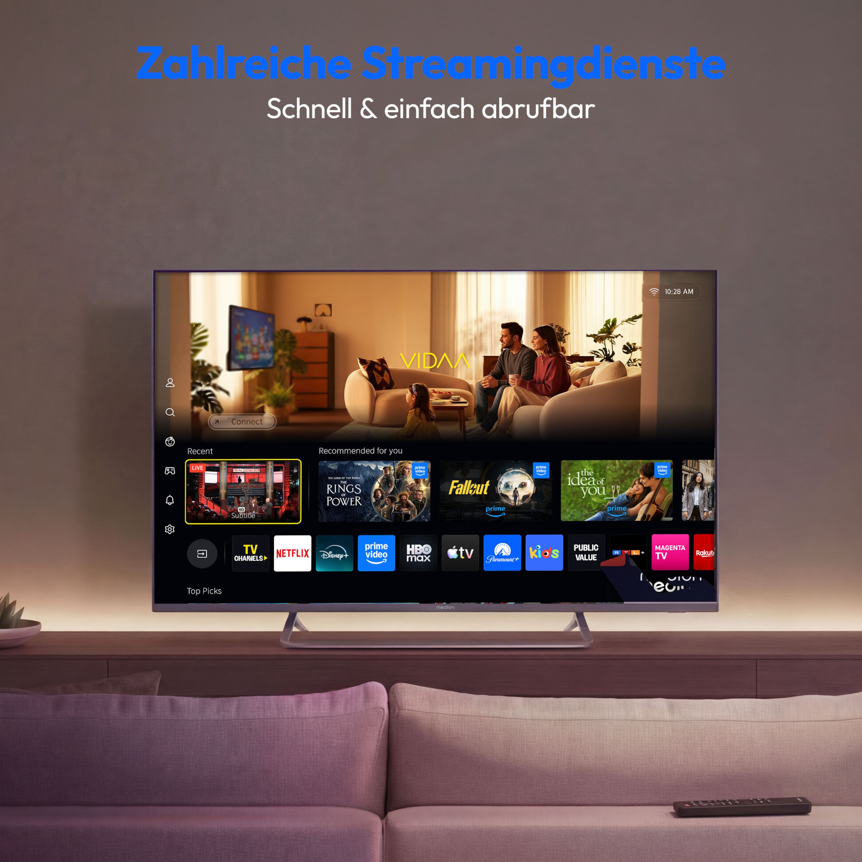 MEDION® LIFE MD 855302 Smart-TV (2026), 138,8 cm (55'') Ultra HD Display, HDR (High Dynamic Range), Dolby Vision®, MEMC, Bluetooth®, PVR ready, HBO Max, MagentaTV, NETFLIX, Prime Video, Disney+, DAZN, Paramount+ App, VIDAA App Store, Dolby Atmos®