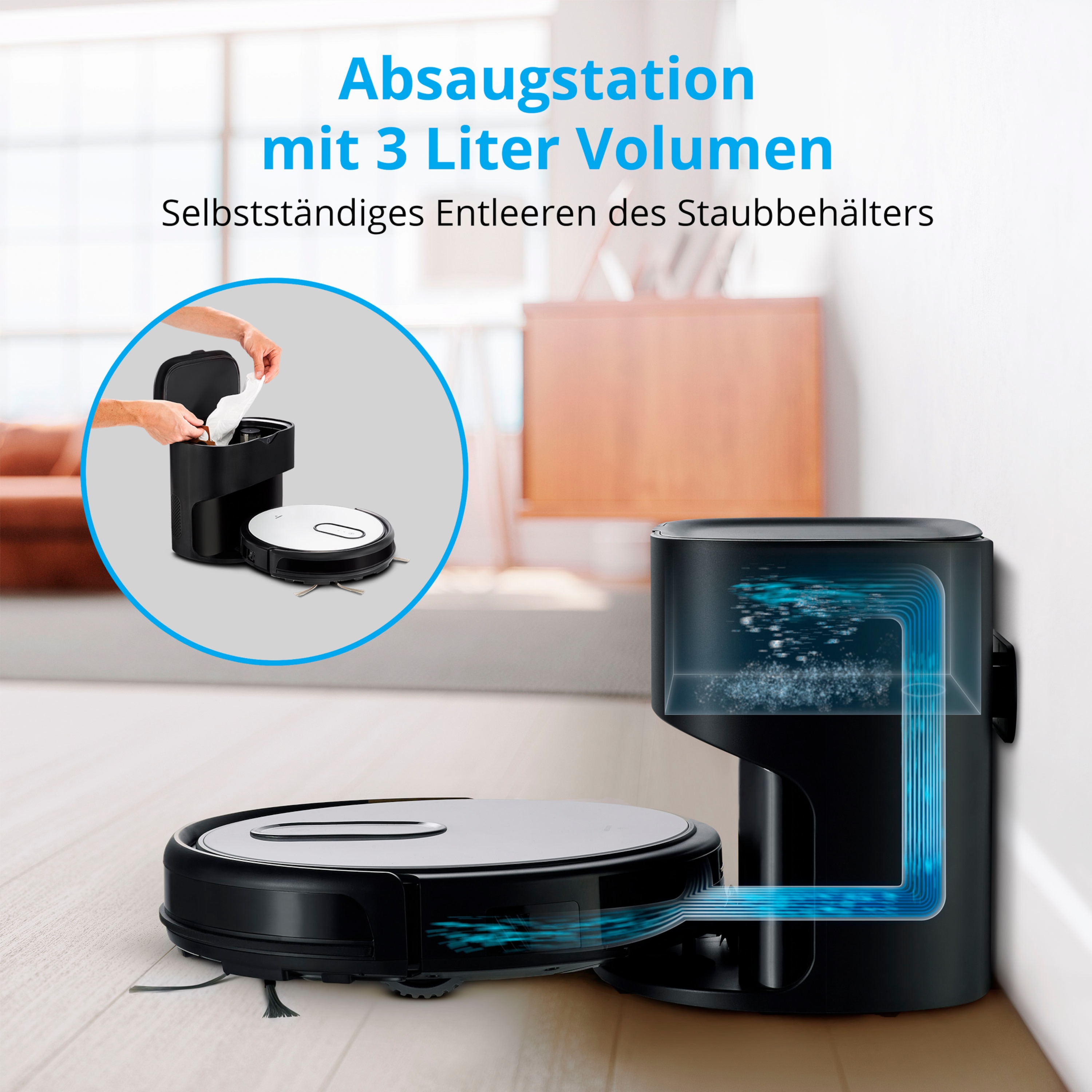 MEDION® Saugroboter mit Absaugstation S40, App- und Sprachsteuerung, intelligente Navigation, 2.000 Pa Saugkraft, HEPA14-Filter