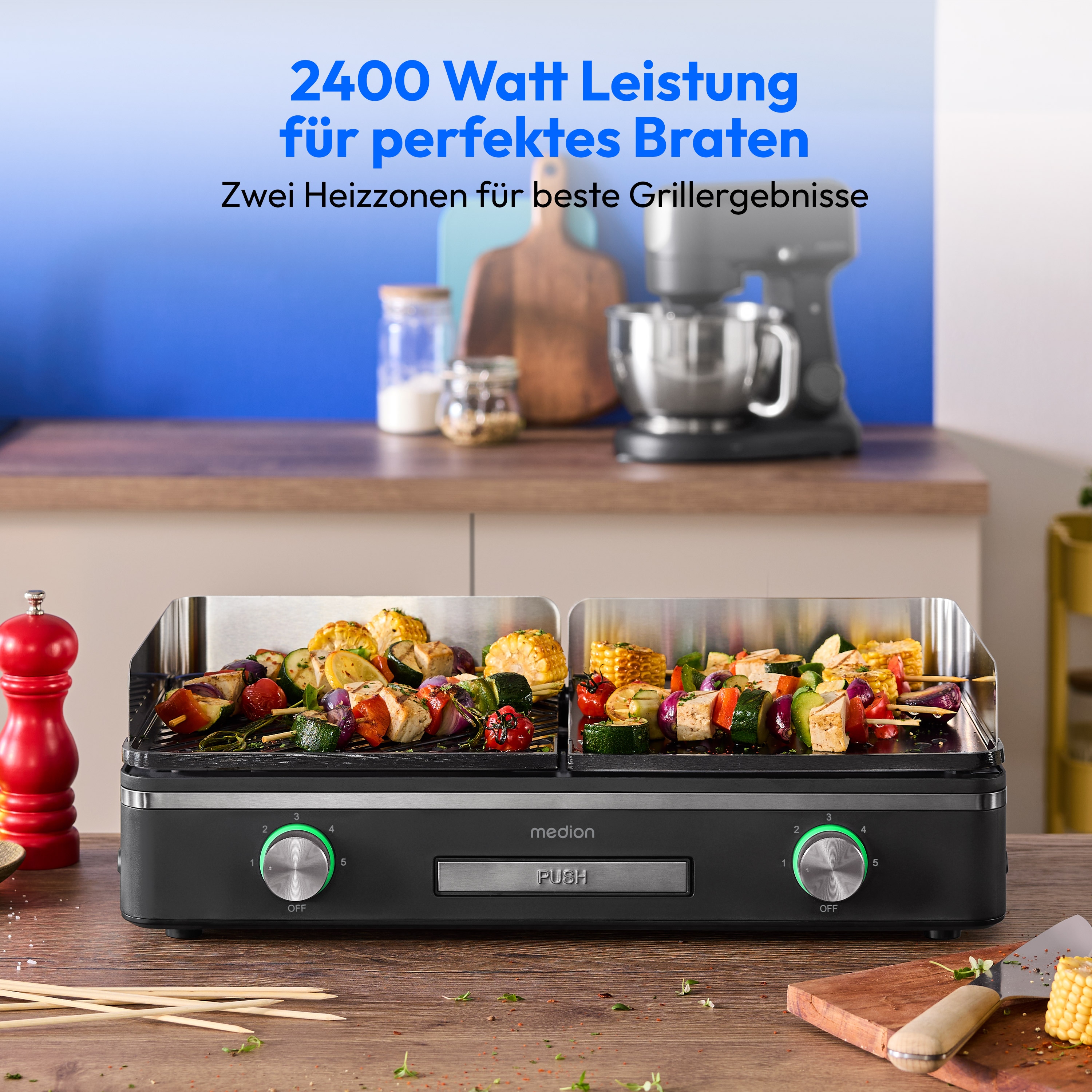 MEDION® LIFE Tischgrill mit Dual-Zonen-System (MD12027), 2,400 Watt, 2 abnehmbare Platten, LED-Statusanzeige (weiß, rot, grün), IPX4-Schutz