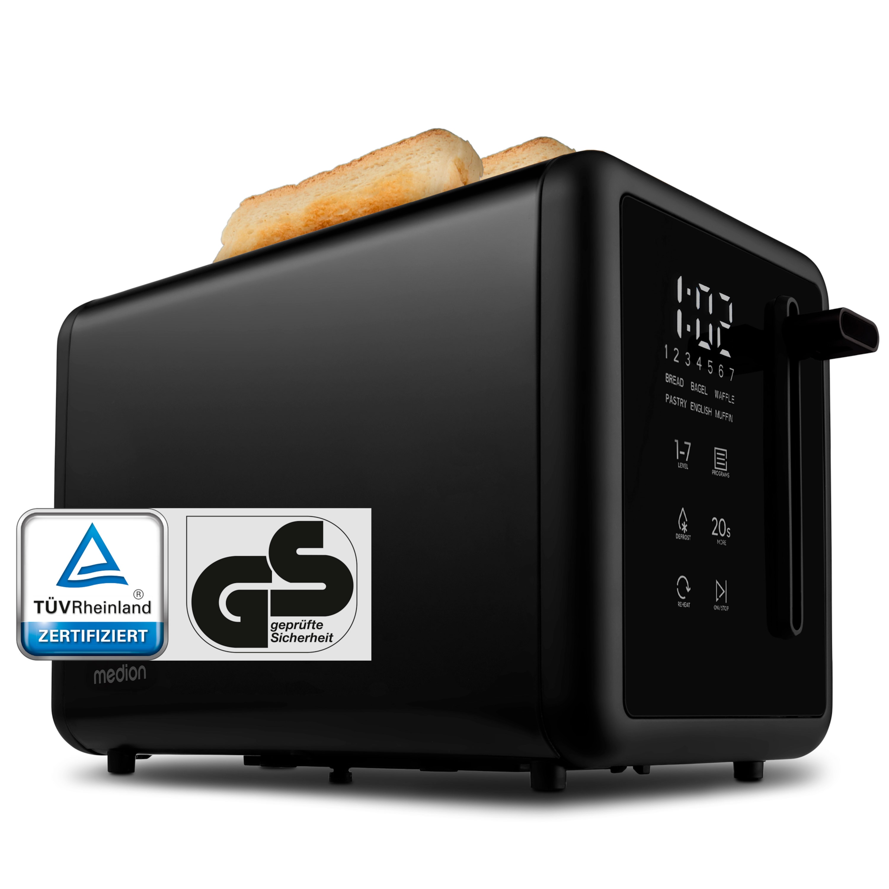 MEDION® MEDION LIFE Toaster MD12102, 2 Toastschlitze für zwei Toastscheiben, LED Sensor-Touch-Display für präzise Steuerung, 7 Bräunungsstufen und 5 Automatikprogramme