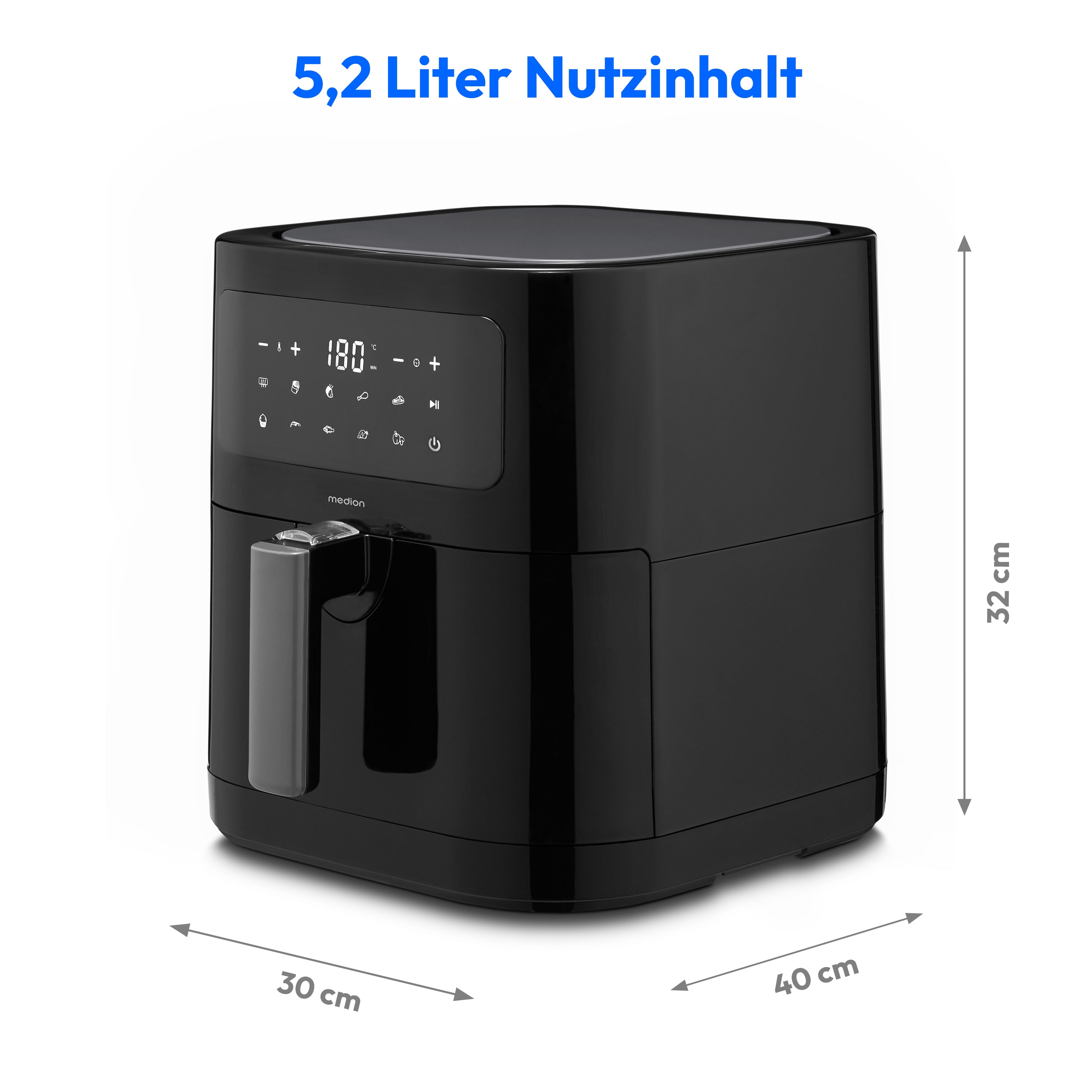 MEDION® LIFE® E40 XL Heißluftfritteuse MD 11740, 100 Rezepte in der Life+ App, ölfreies Frittieren, 9 Automatikprogramme, 5,2 L Korbvolumen