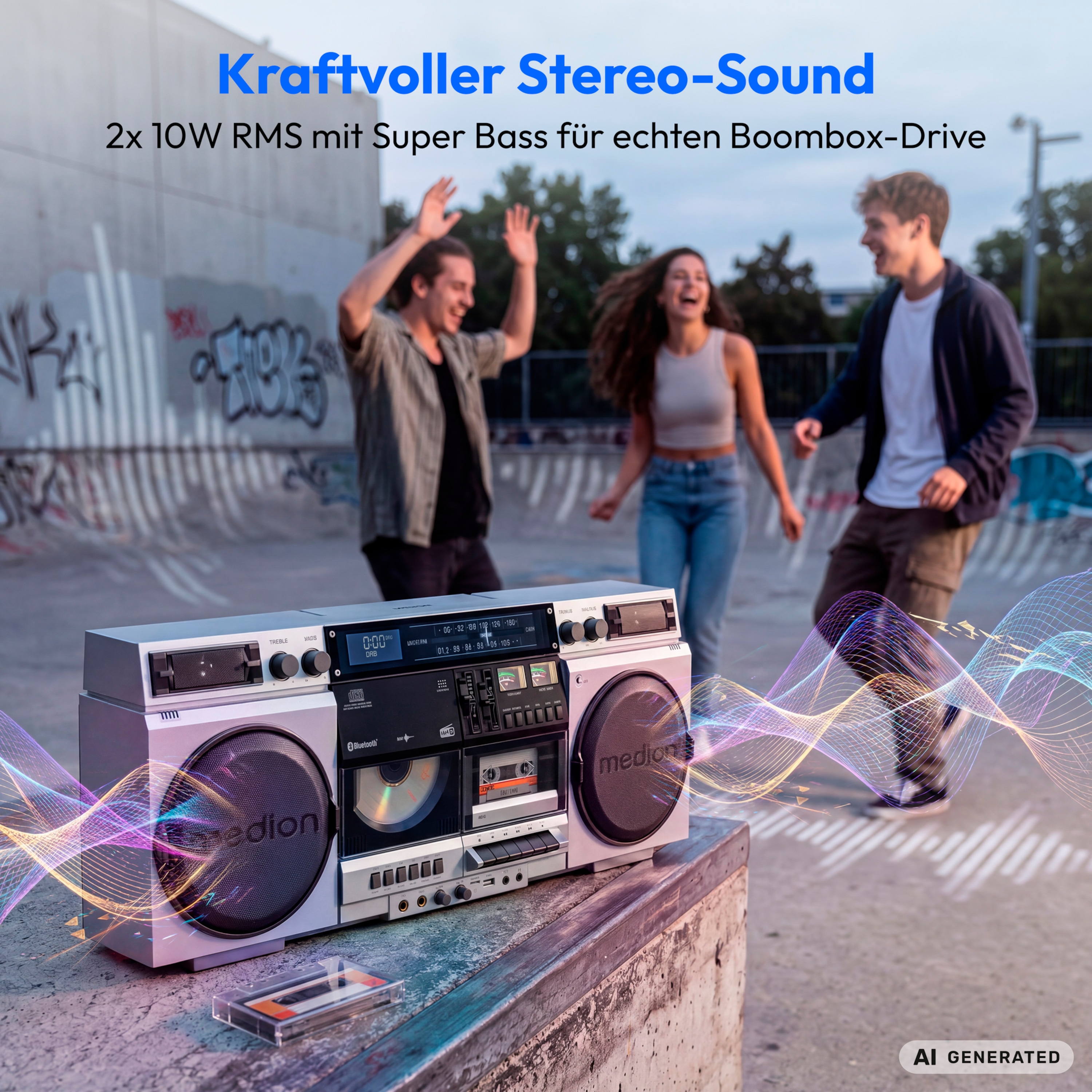 MEDION® LIFE P66538 Retro-Boombox silber, DAB+/PLL-UKW Radio, Bluetooth® 5.3 für das Abspielen von Smartphone & Co, CD-Player, Kassettendeck, X-Bass Funktion, 2 x 10 W RMS