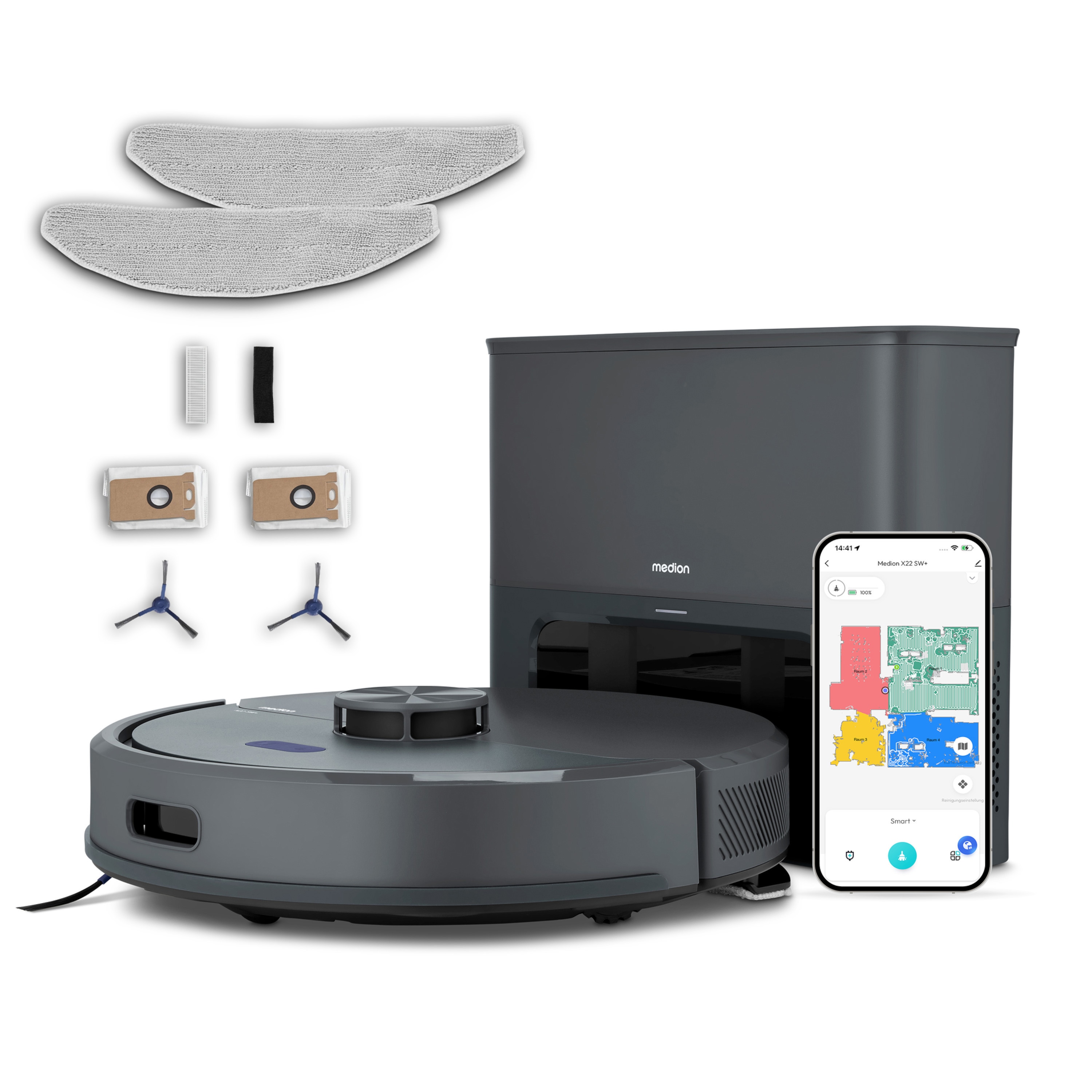 MEDION® Saugroboter mit Absaugstation X22 SW+ blau, Wischfunktion, Lasernavigation, 5.000 Pa Saugkraft, No Go & Go Bereiche, präzise Kartenerstellung, mehrere Etagen, App-Steuerung