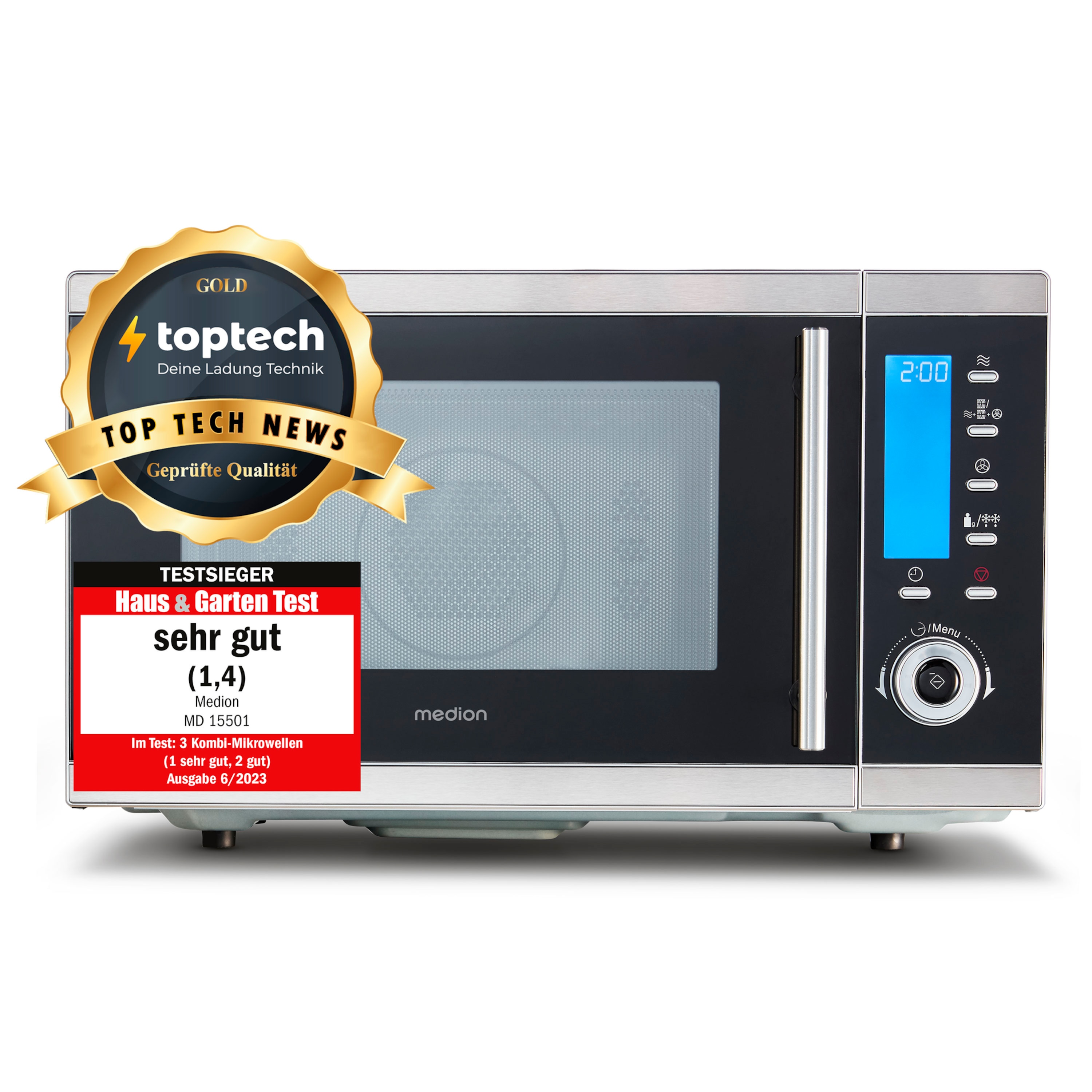 MEDION® LIFE® 4in1 Mikrowelle MD 15501, Kombination aus Mikrowelle, Ofen und Doppelgrill, 10 Automatikprogramme, 25 L Garinnenraum