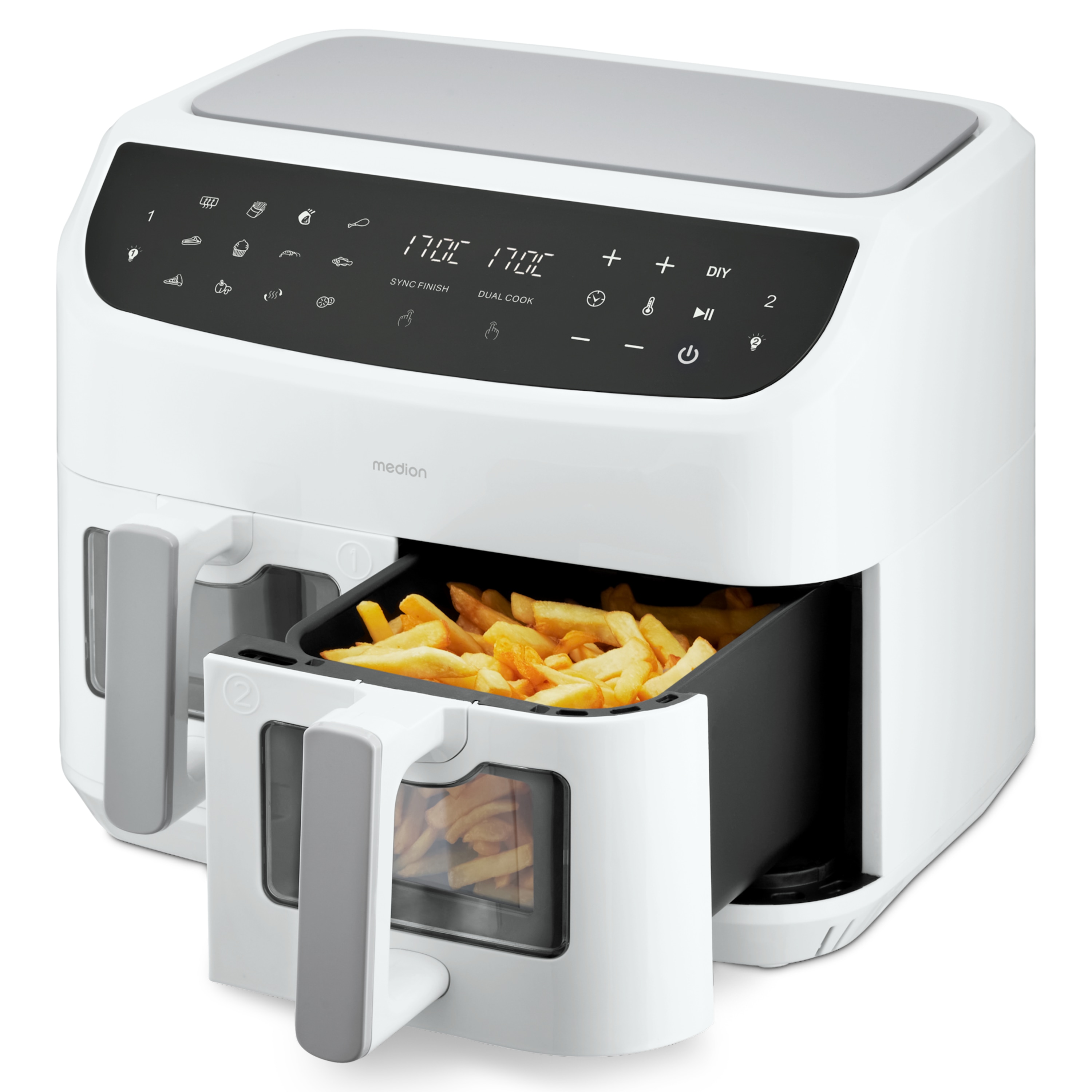 MEDION® LIFE® P20 XXL Twin Doppelzonen-Heißluftfritteuse MD 11760, 100 Rezepte in der Life+ App, 2 separate Garzonen, 9 Automatikprogramme, 8,7 L Gesamt-Nutzinhalt, 2.600 Watt, Temperatur einstellbar bis 200 °C