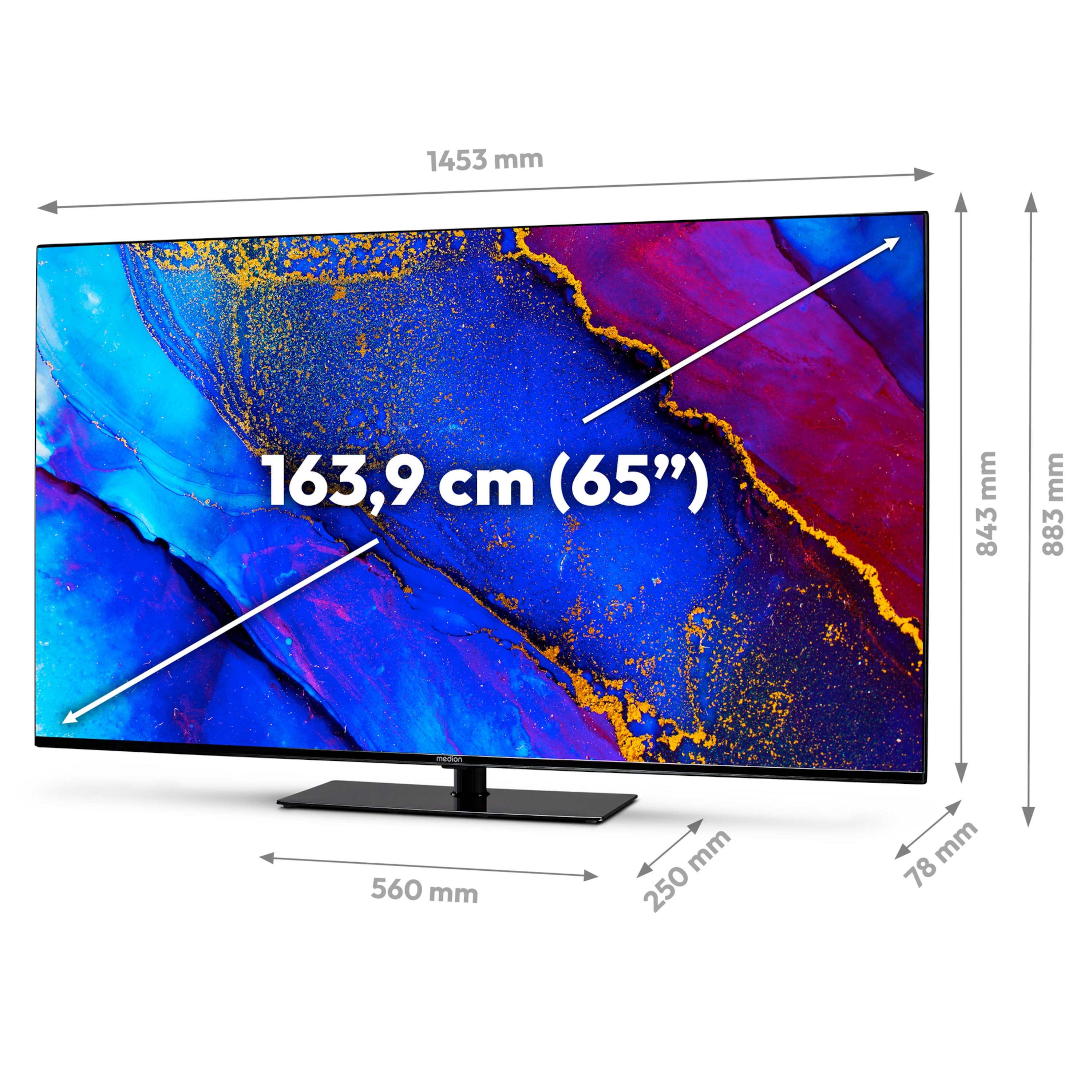 MEDION® LIFE® X16570 (MD 30709) LCD Smart-TV, 163,9 cm (65'') Ultra HD Display, HDR, Dolby Vision®, Micro Dimming, MEMC, PVR ready, Netflix, Amazon Prime Video, Disney+,  Bluetooth®, DTS Virtual X, DTS HD, Dolby Atmos®, HD Triple Tuner, CI+