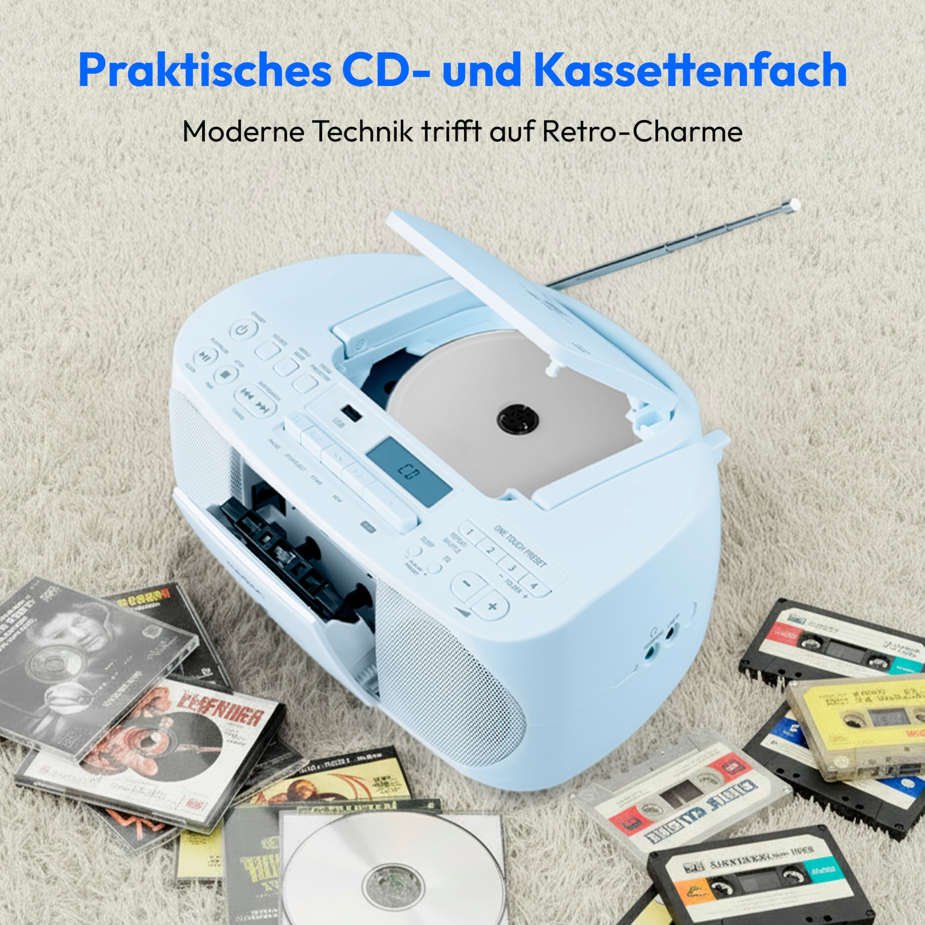 MEDION® LIFE® DRX-1 Plus Boombox, DAB+/PLL-UKW-Stereo Radio, Bluetooth® 5.4, CD-Kassetten-Radio mit MP3-Wiedergabe, USB Anschluss, CD-R/RW kompatibel, AUX-In, 2 x 3 W RMS