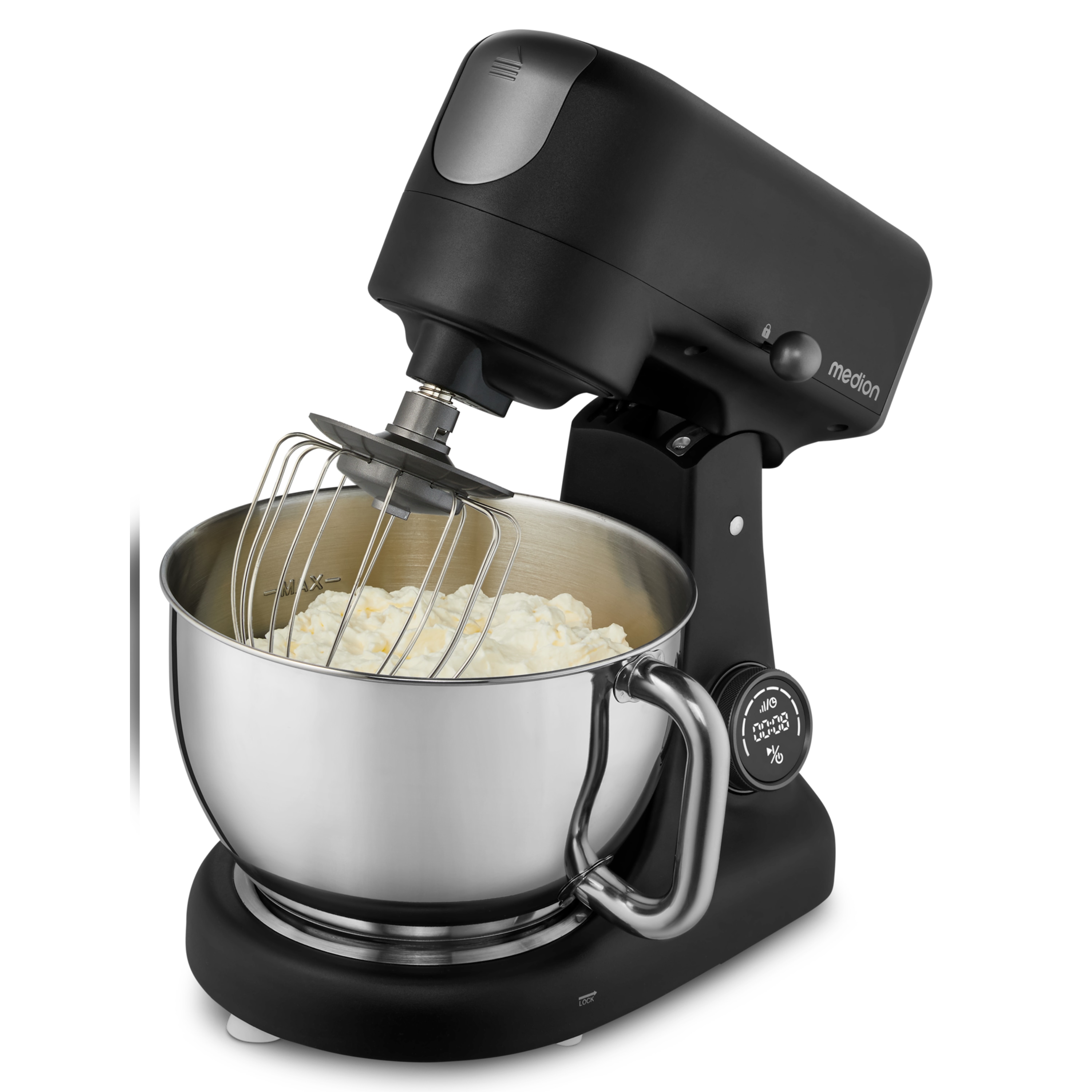 MEDION® LIFE Digitale Küchenmaschine MD12600, 800 W Gleichstrommotor, Energiesparend, Ultraleise, Digitales Sensor-Touch-Display, 4,6 L Edelstahlschüssel, Inkl. Fleischwolf