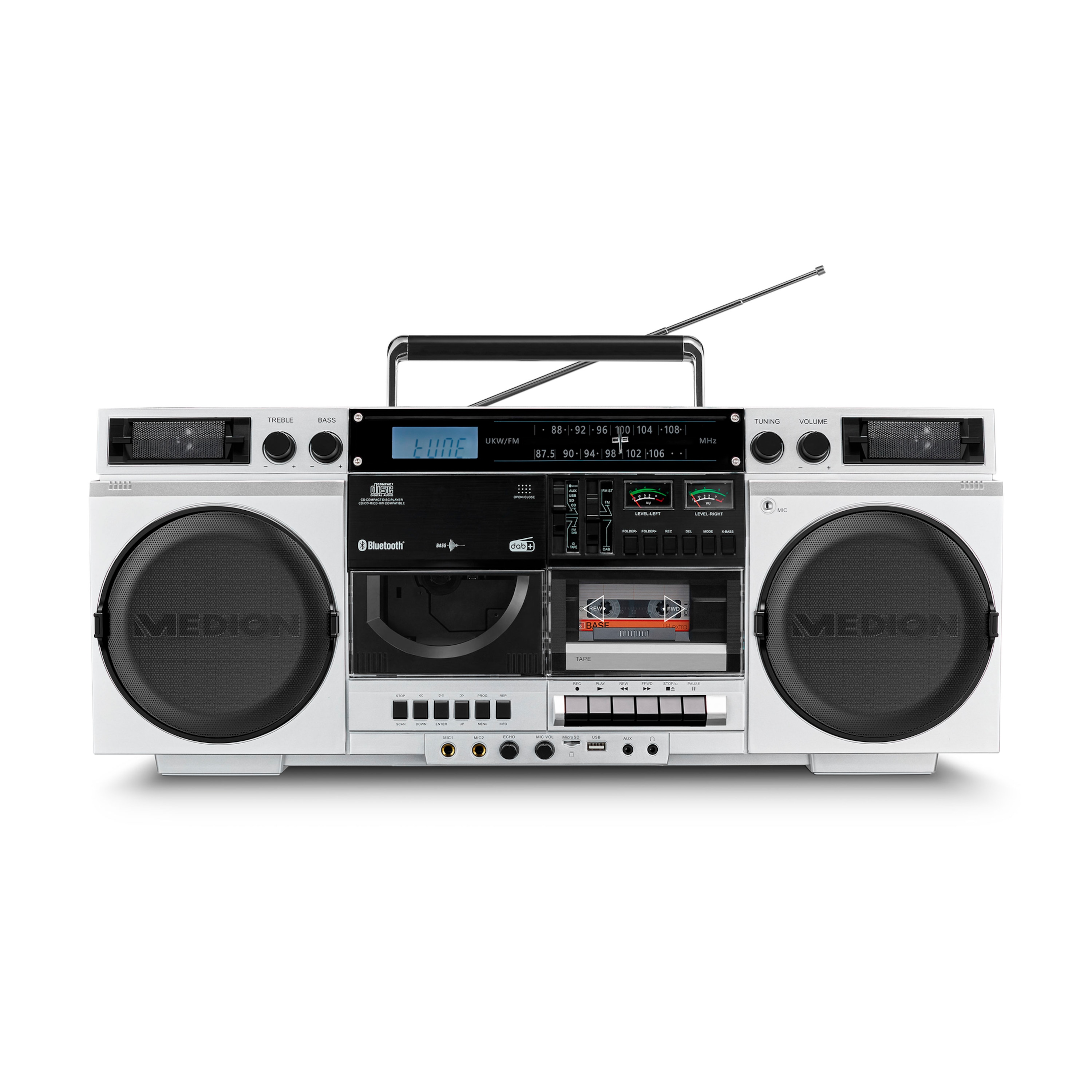 MEDION® LIFE® P66538 Retro-Boombox, DAB+/PLL-UKW Radio, Bluetooth® 5.3 für das Abspielen von Smartphone & Co, CD-Player, Kassettendeck, X-Bass Funktion, 2 x 10 W RMS