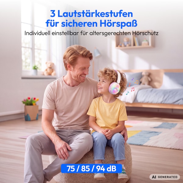 MEDION® LIFE HE-1 Kids Bluetooth Kinderkopfhörer, 3-stufiger Gehörschutz, bis zu 85 Std. Akkulaufzeit, MP3-Player, Bluetooth 5.4, AUX & microSD, LED-Lichtring, austauschbare Designs