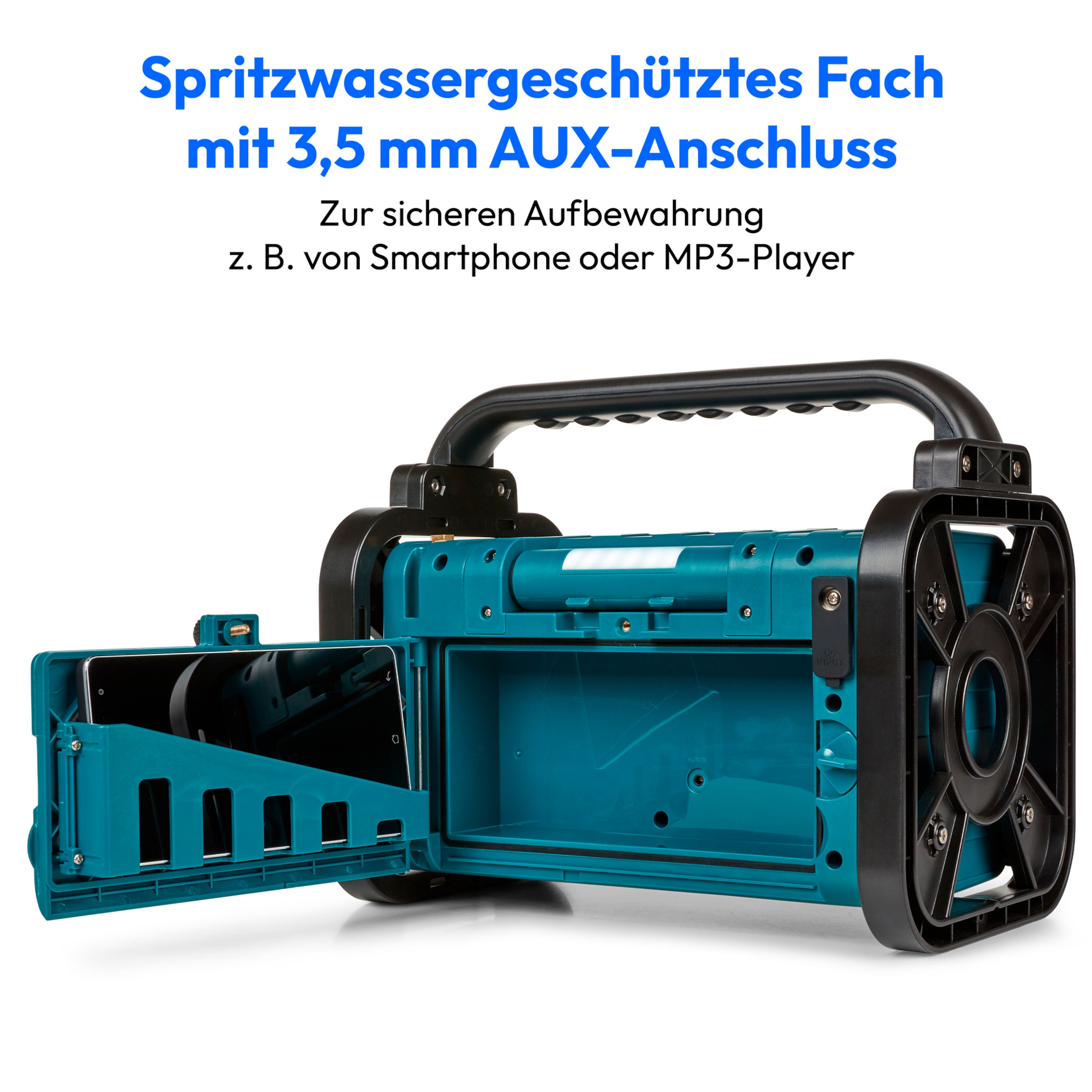 MEDION® LIFE® E66877 Baustellenradio, DAB+/PLL-UKW Radio, Dot Matrix LC-Display, Bluetooth® 5.0, spritzwassergeschützt (IP44), robustes Gehäuse, LED-Arbeitslicht, integrierter Akku, 5 W RMS