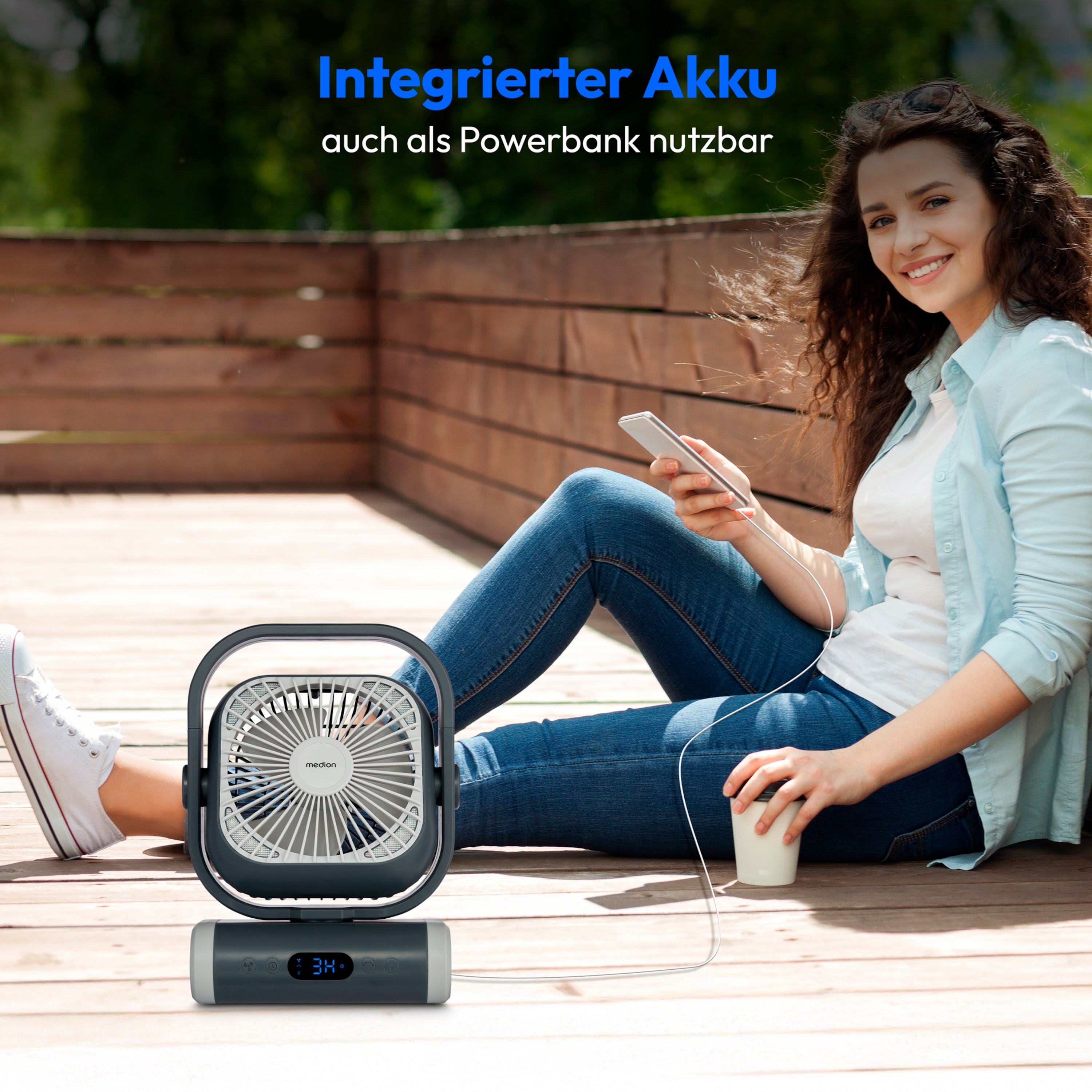 MEDION® LIFE Camping Ventilator E10 TF, 20 W Leistung, 5 Geschwindigkeitsstufen, 110° Oszillation, 10.000 mAh Akku, als Powerbank nutzbar, LED