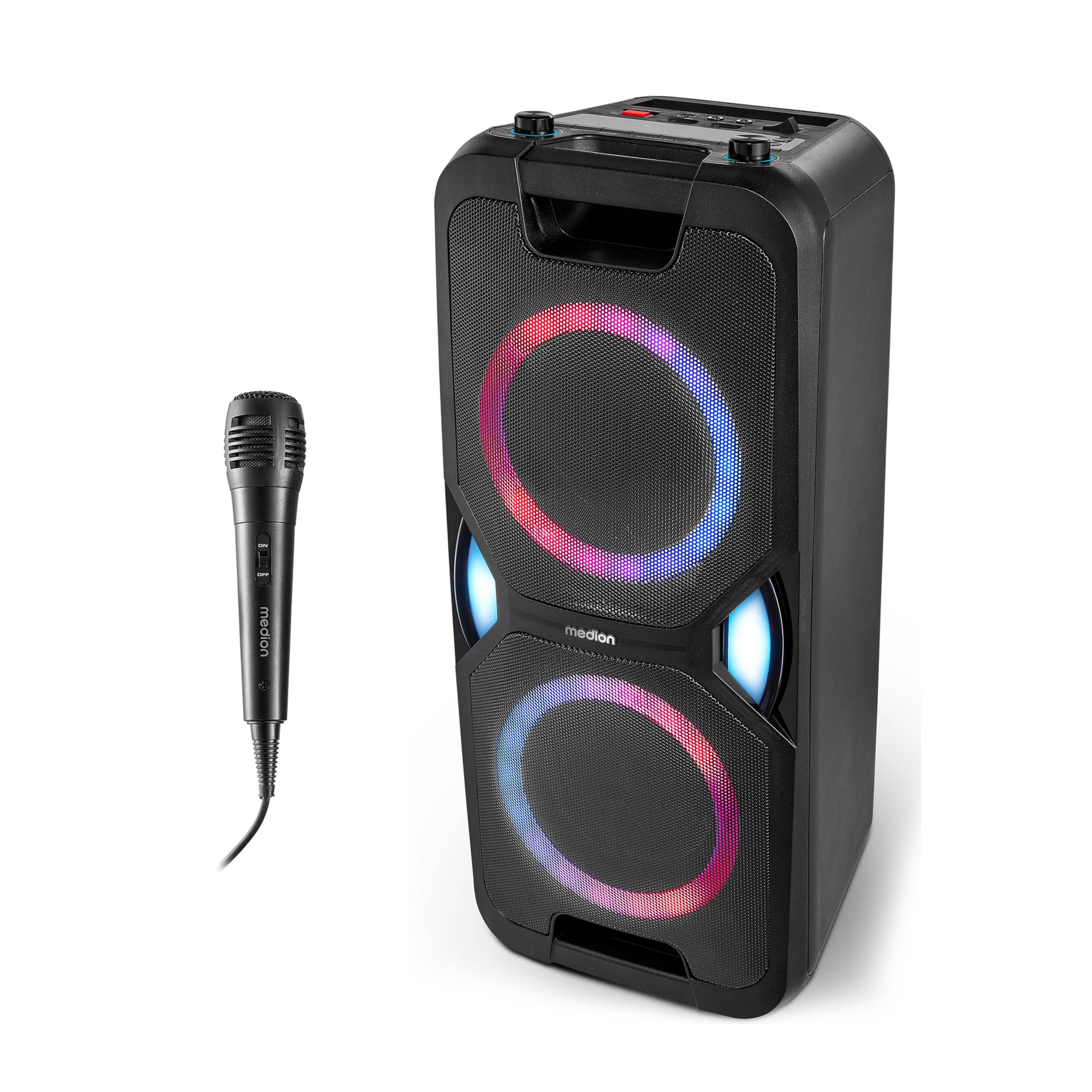 MEDION® LIFE® P61468 Partylautsprecher, PLL-UKW Radio, Bluetooth® 5.0, satter Sound, verschiedene Lichteffekte, X-Bass Bassanhebung, inkl. Mikrofon, 2 x 22 W RMS Ausgangsleistung