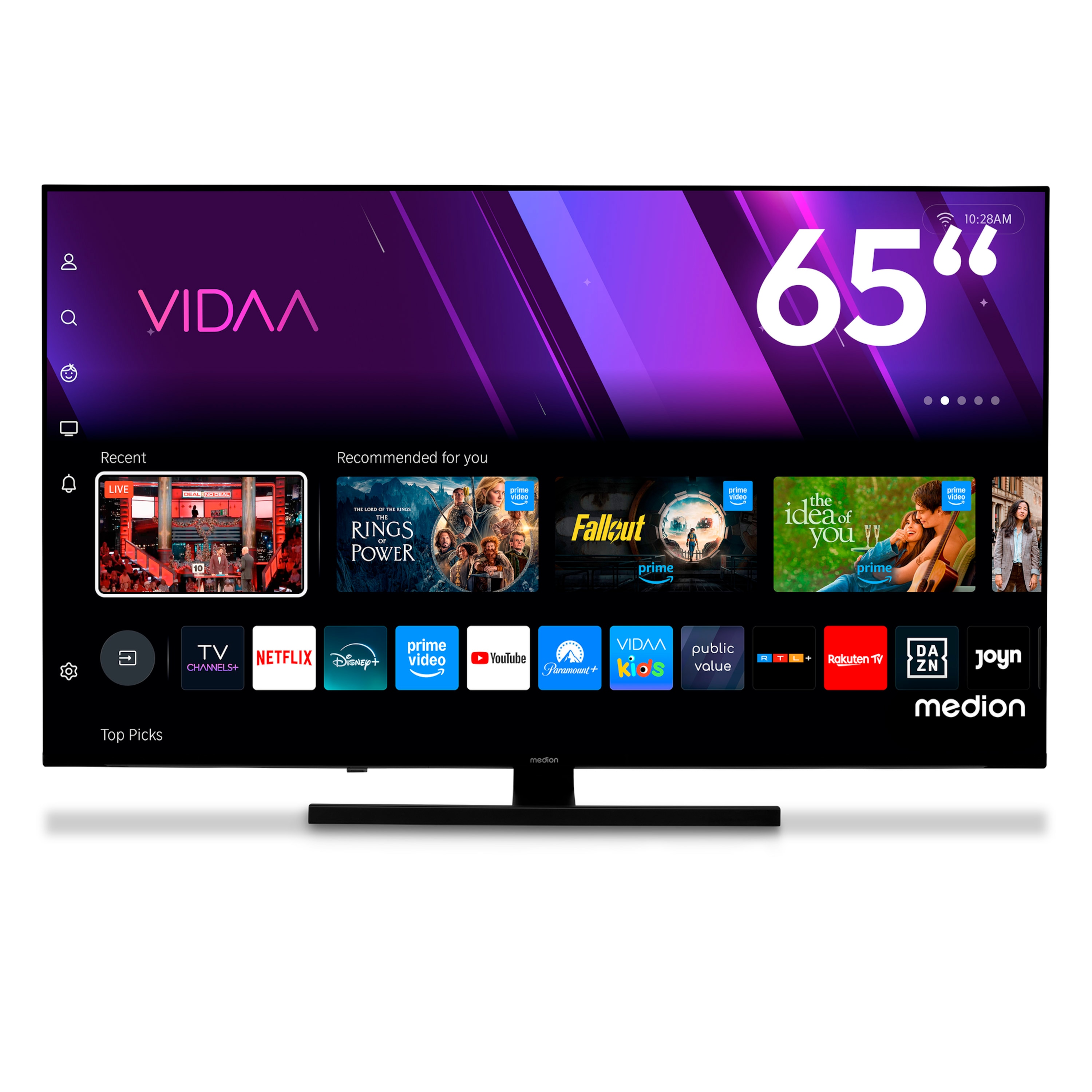 MEDION® LIFE MD 865600 QLED Smart-TV, 163,9 cm (65'') Ultra HD Display, HDR, Dolby Vision®, MEMC, PVR ready, VIDAA App Store, NETFLIX, Disney+, Paramount+ & Amazon Prime Video App, Bluetooth®, DTS X, Dolby Atmos®, HD Triple Tuner