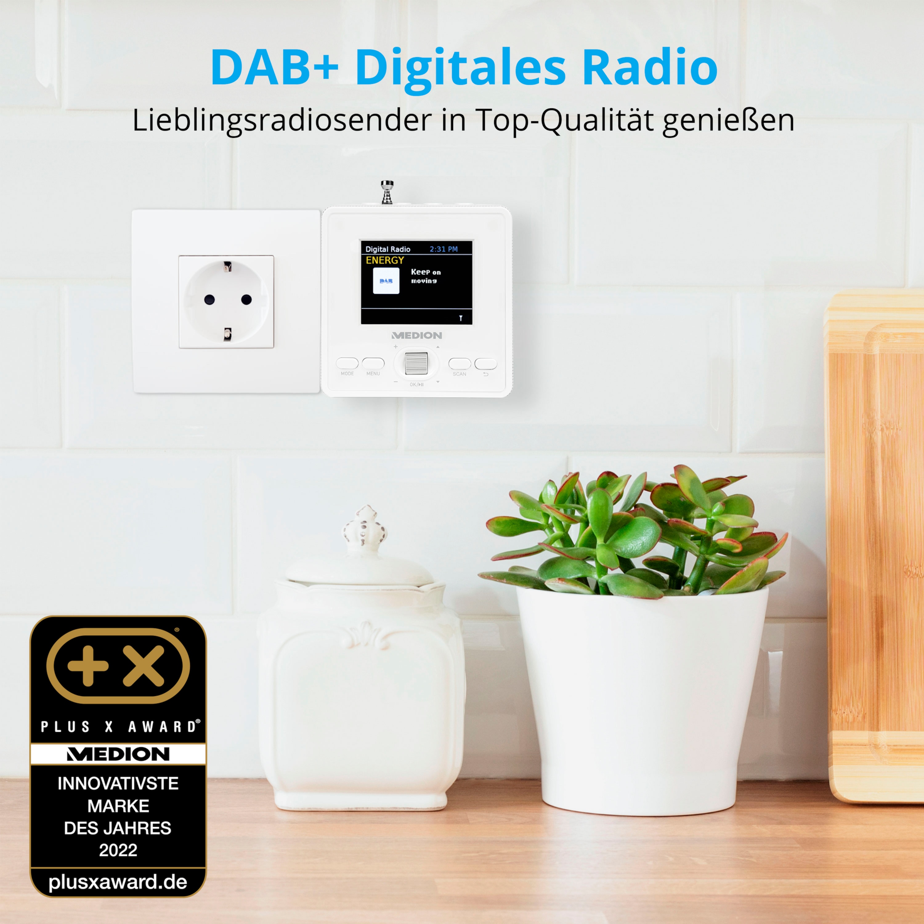 MEDION® LIFE® S66004 DAB+/Bluetooth® Steckdosenradio, 6,1 cm (2,4'') Farbdisplay, DAB+/PLL-UKW Radio mit je 40 Senderspeichern, Bluetooth® 5.0, 30 W RMS Ausgangsleistung