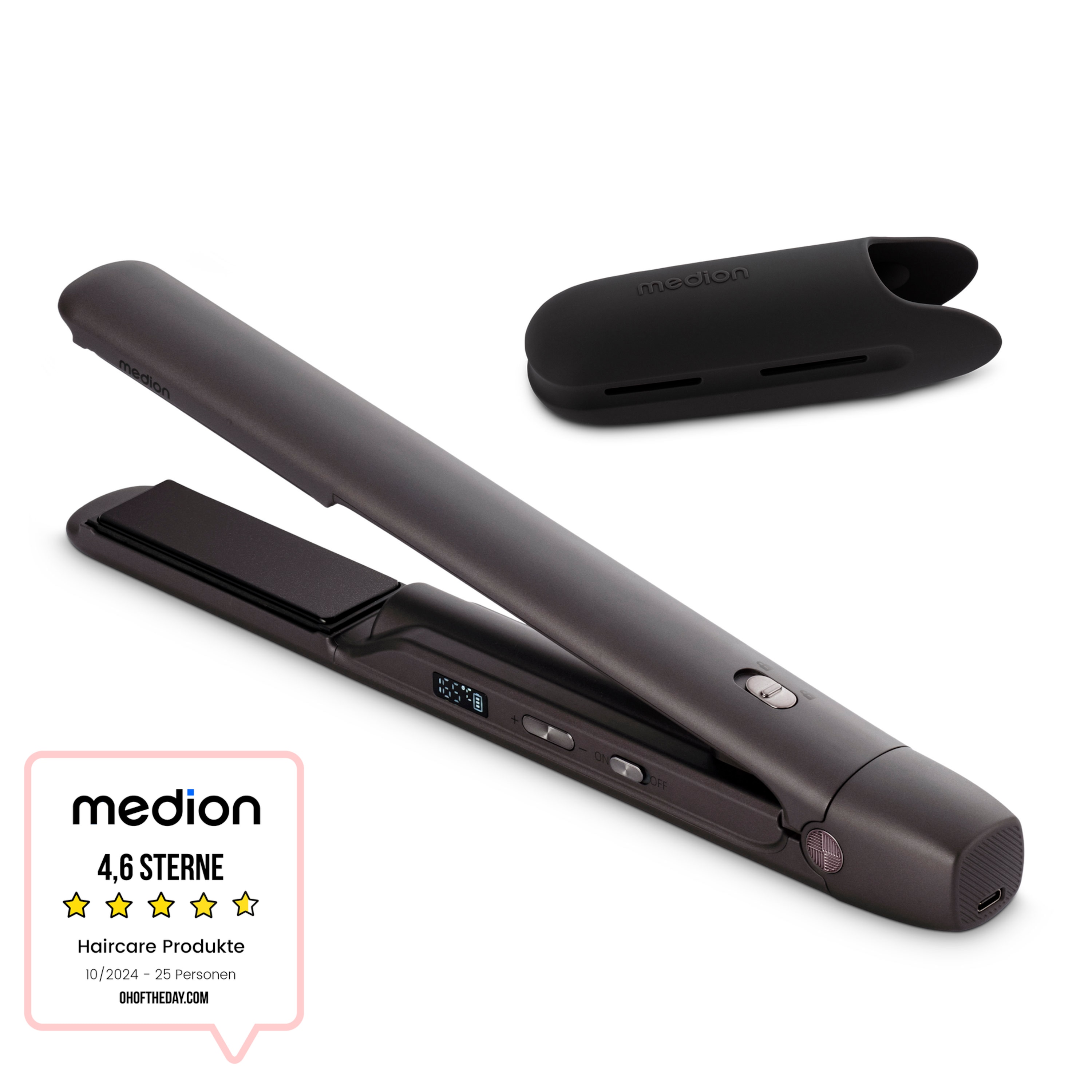 MEDION® LIFE HS2 kabelloses Glätteisen, flexible Keramik-/Turmalin Heizplatten mit Temperatursensor, Display mit Temperatur- und Akkuanzeige, 5 regelbare Hitzestufen (165° - 210°)