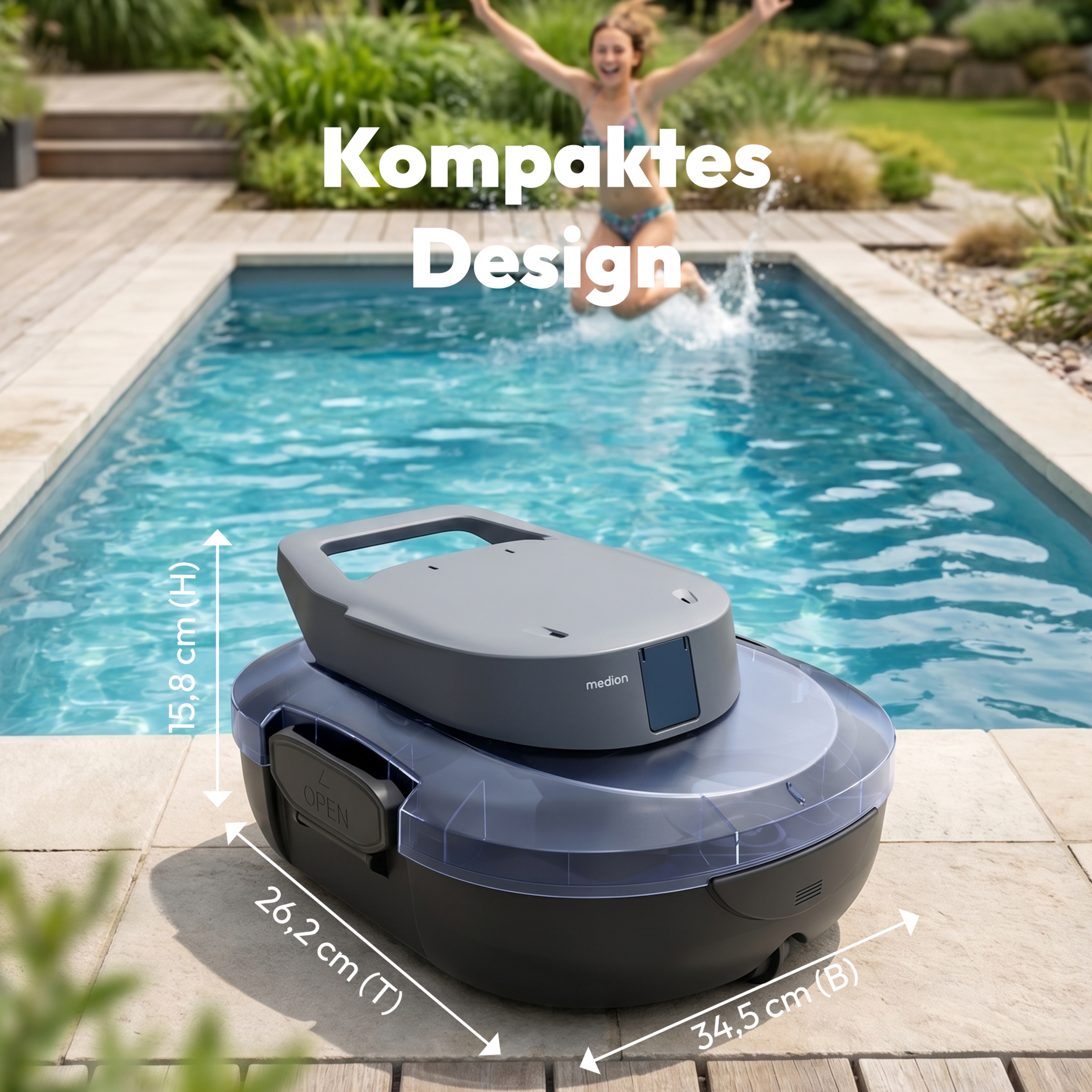 MEDION® LIFE PR1 Poolroboter (MD 100108), Bodenreinigung für Pools, One-Click-Bedienung, Selbstparkfunktion, 120 Min Akkulaufzeit, 2,2 L Filterkapazität, für 80–100 m², inkl. Ladegerät und Haken