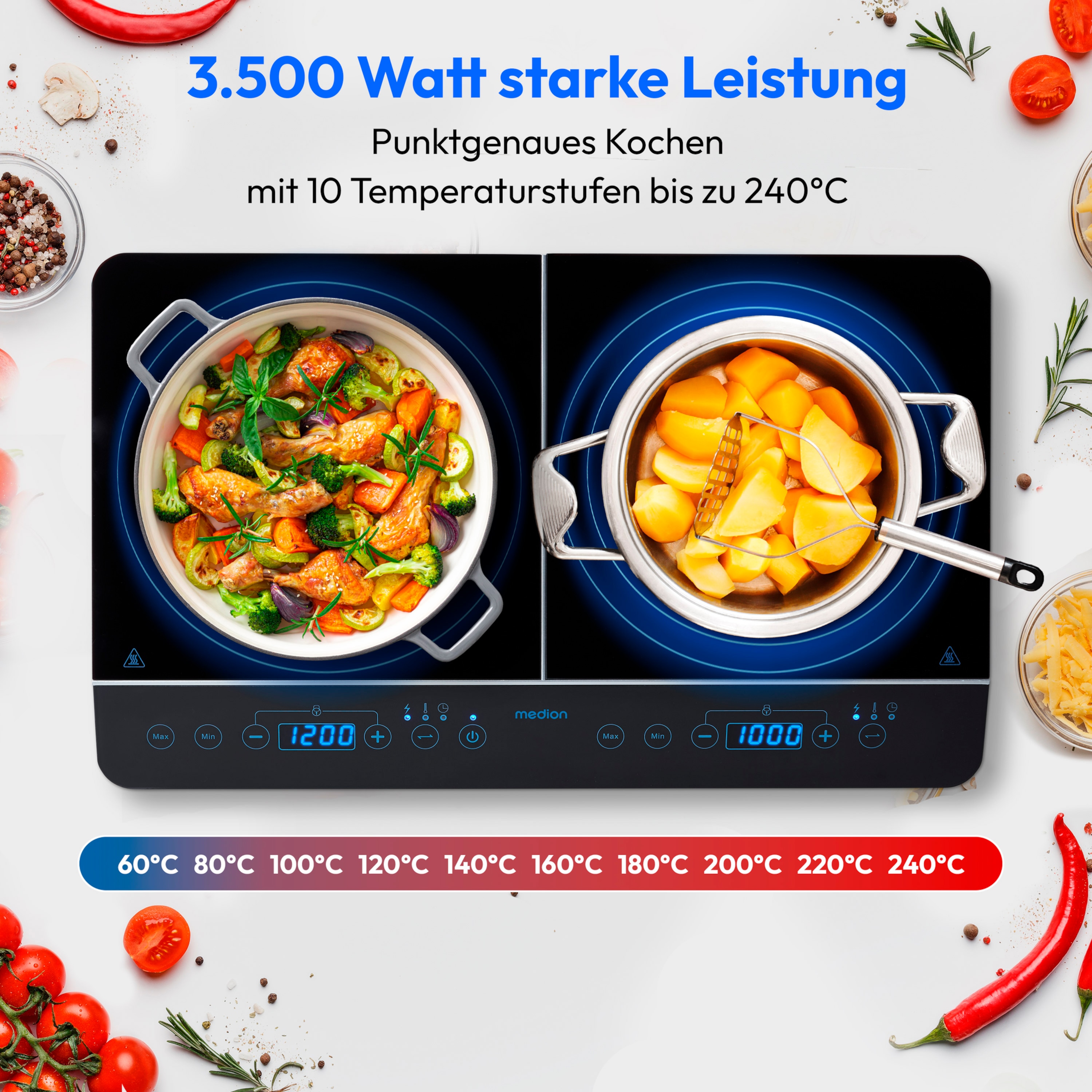 MEDION® LIFE® Doppel-Induktionskochplatte MD 15324, 3500 Watt Induktionsleistung, automatische Topferkennung, energiesparend