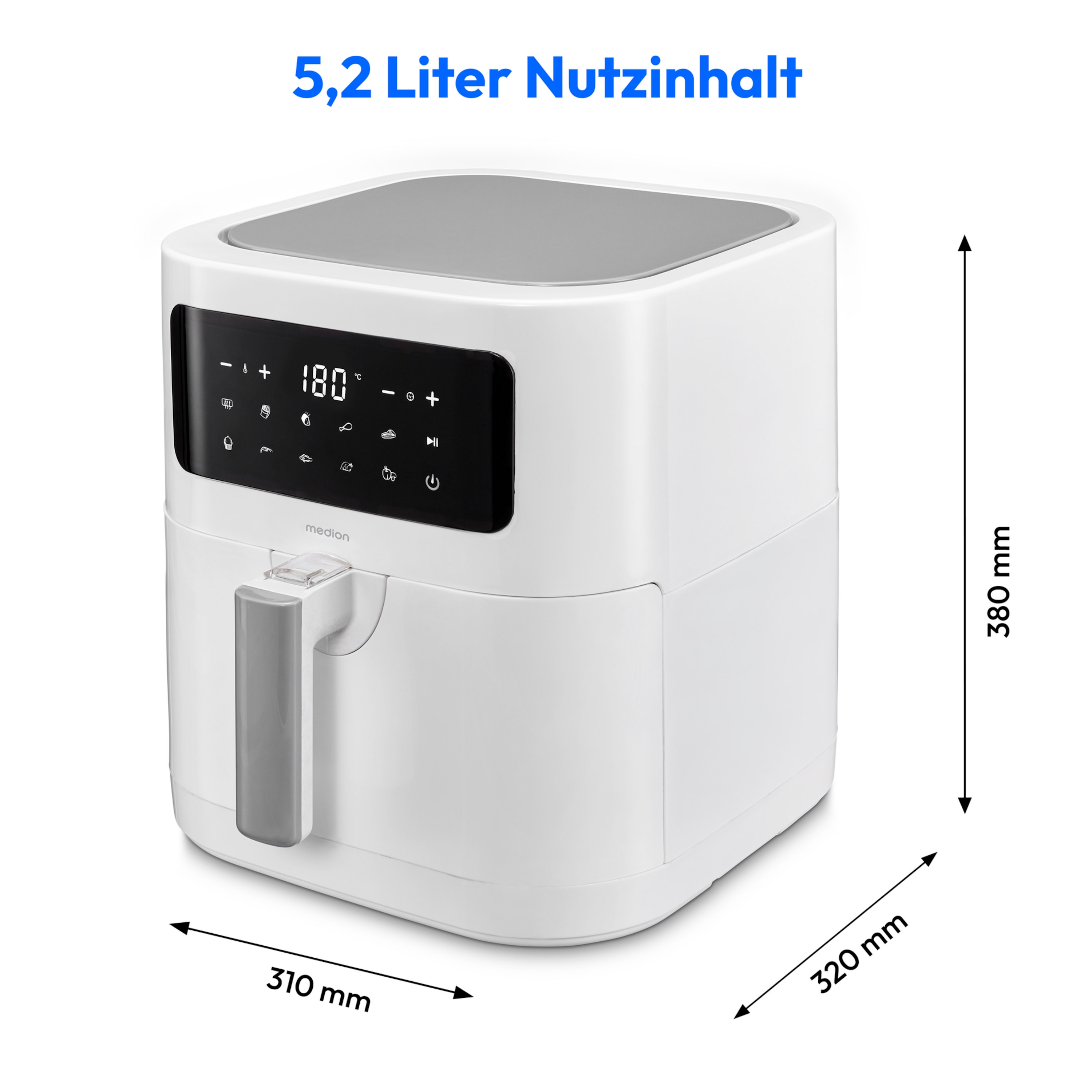 MEDION® LIFE® E40 XL M Heißluftfritteuse MD 11740, 100 Rezepte in der Life+ App, ölfreies Frittieren, 9 Automatikprogramme, 5,2 L Korbvolumen