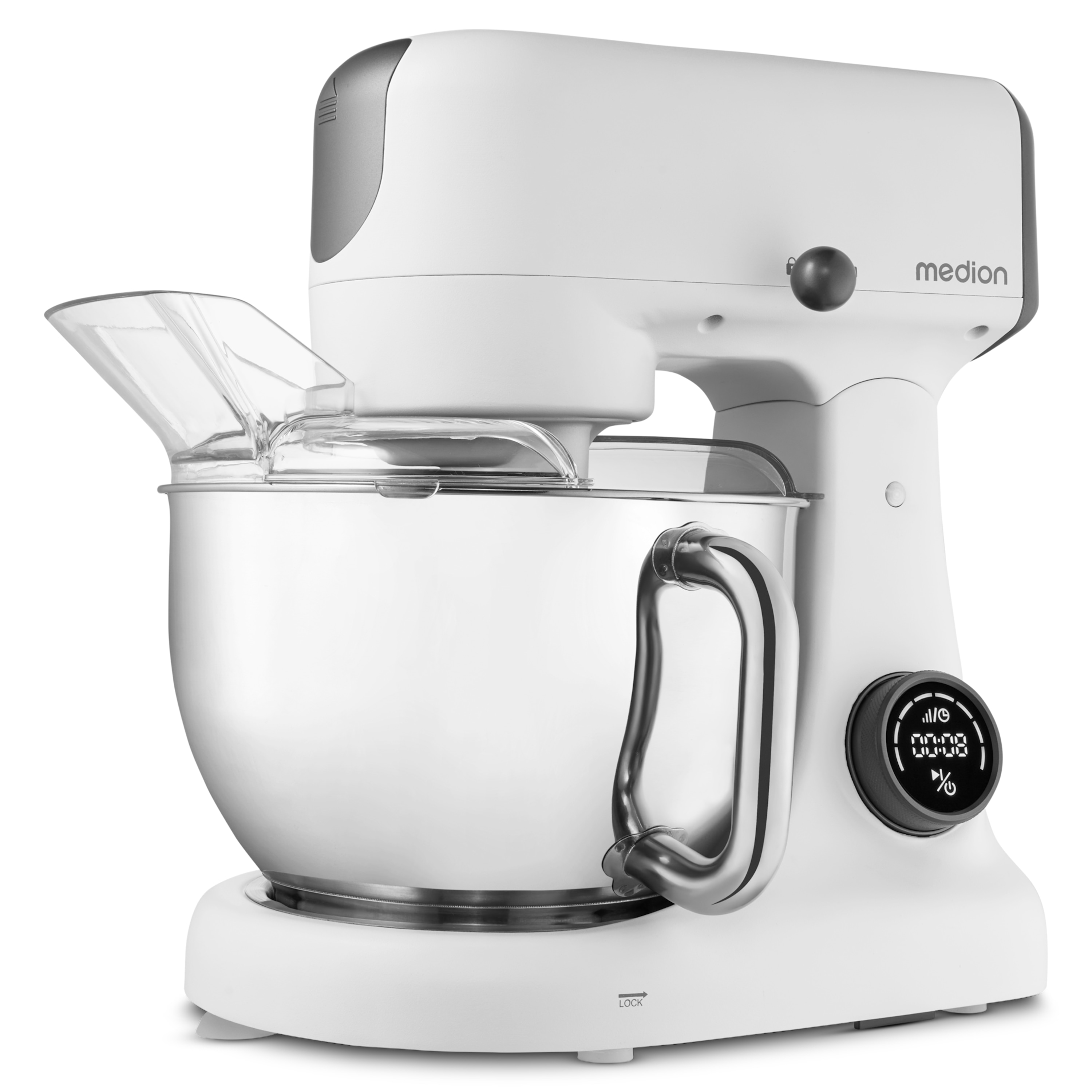 MEDION® LIFE Digitale Küchenmaschine MD12600, 800 W Gleichstrommotor, Energiesparend, Ultraleise, Digitales Sensor-Touch-Display, 4,6 L Edelstahlschüssel, Inkl. Fleischwolf