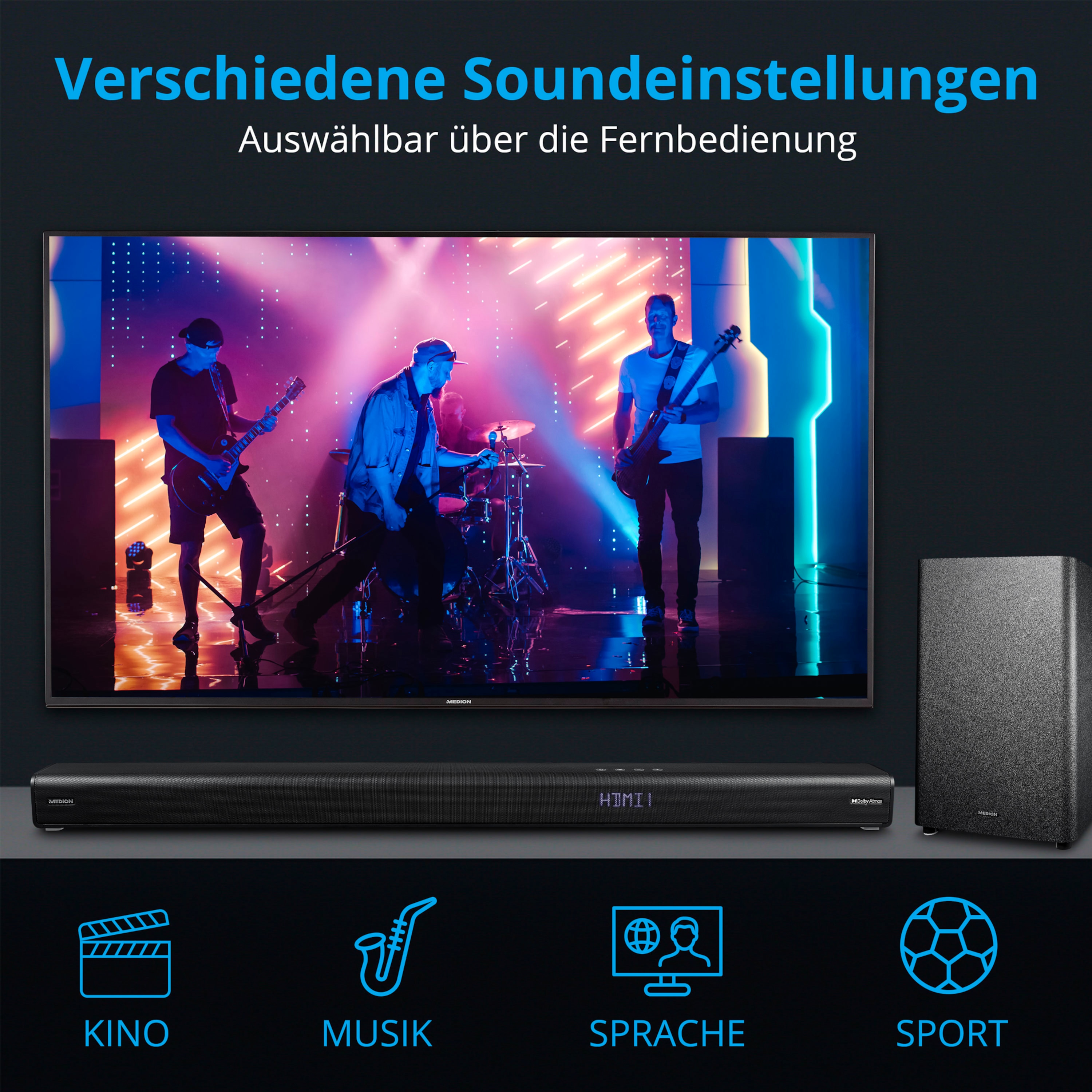 MEDION® LIFE® P64377 3.1.2 Dolby Atmos Soundbar, kraftvoller Wireless-Subwoofer, multidimensionaler Sound, Bluetooth®, flexible Anschlussmöglichkeiten