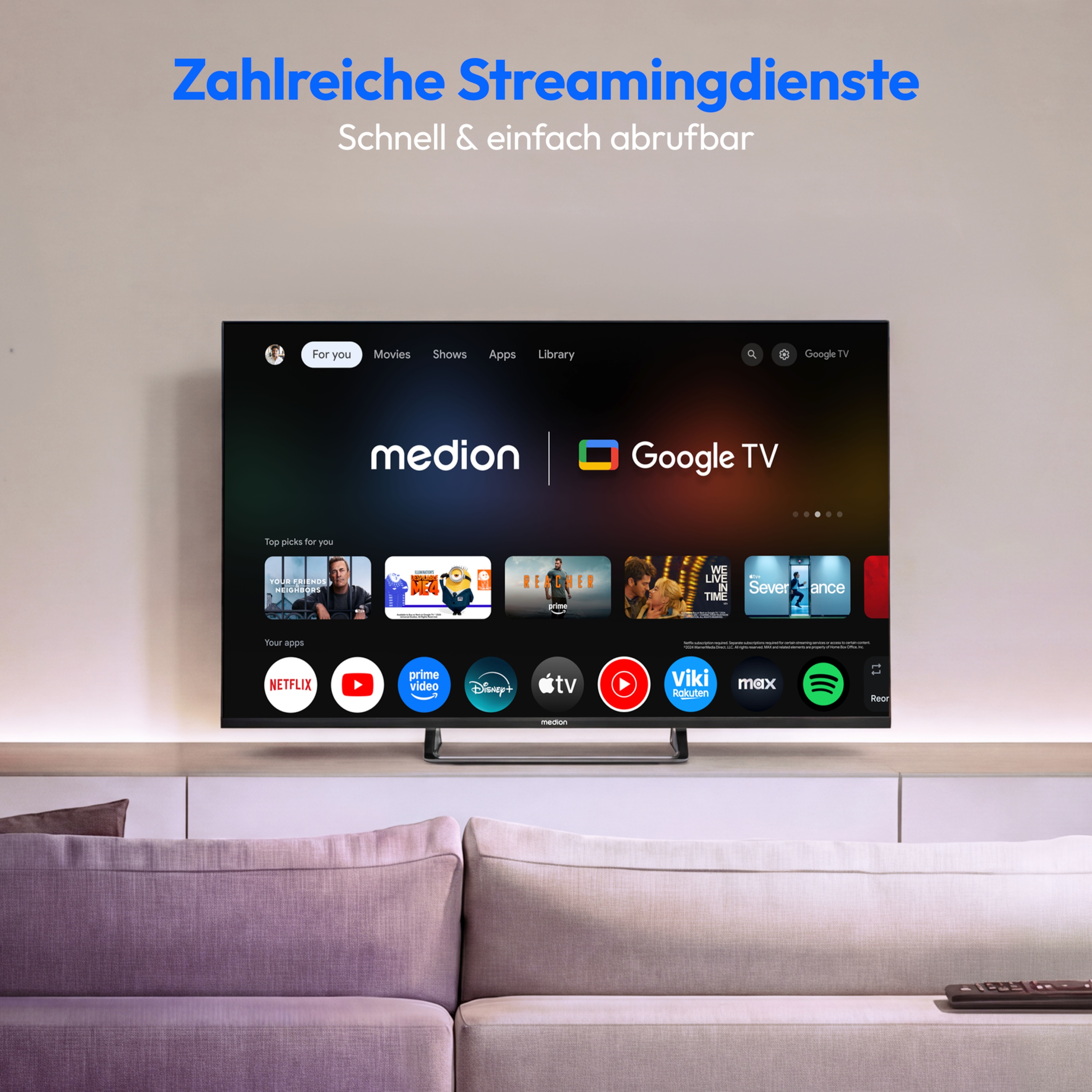 MEDION® LIFE MD 843701 QLED Google TV™ (2026), 108 cm (43'') Ultra HD Display, HDR (High Dynamic Range), Dolby Vision®, MEMC, Bluetooth®, PVR ready, Netflix, Prime Video, Disney+, App Store