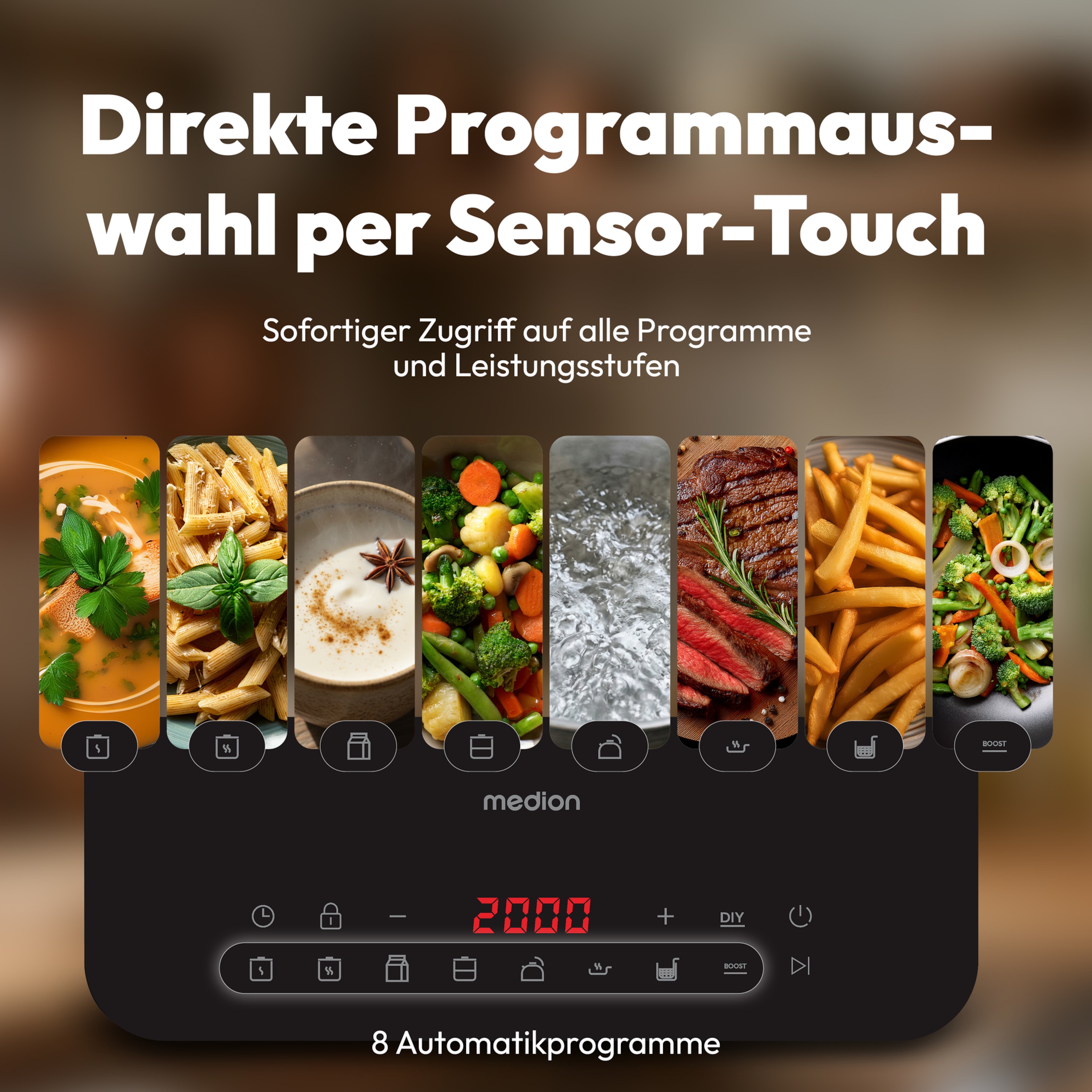 MEDION® Induktionskochplatte MD 100090, extra flach, 2100 Watt Induktionsleistung, 8 Automatikprogramme, LED Display, automatische Topferkennung