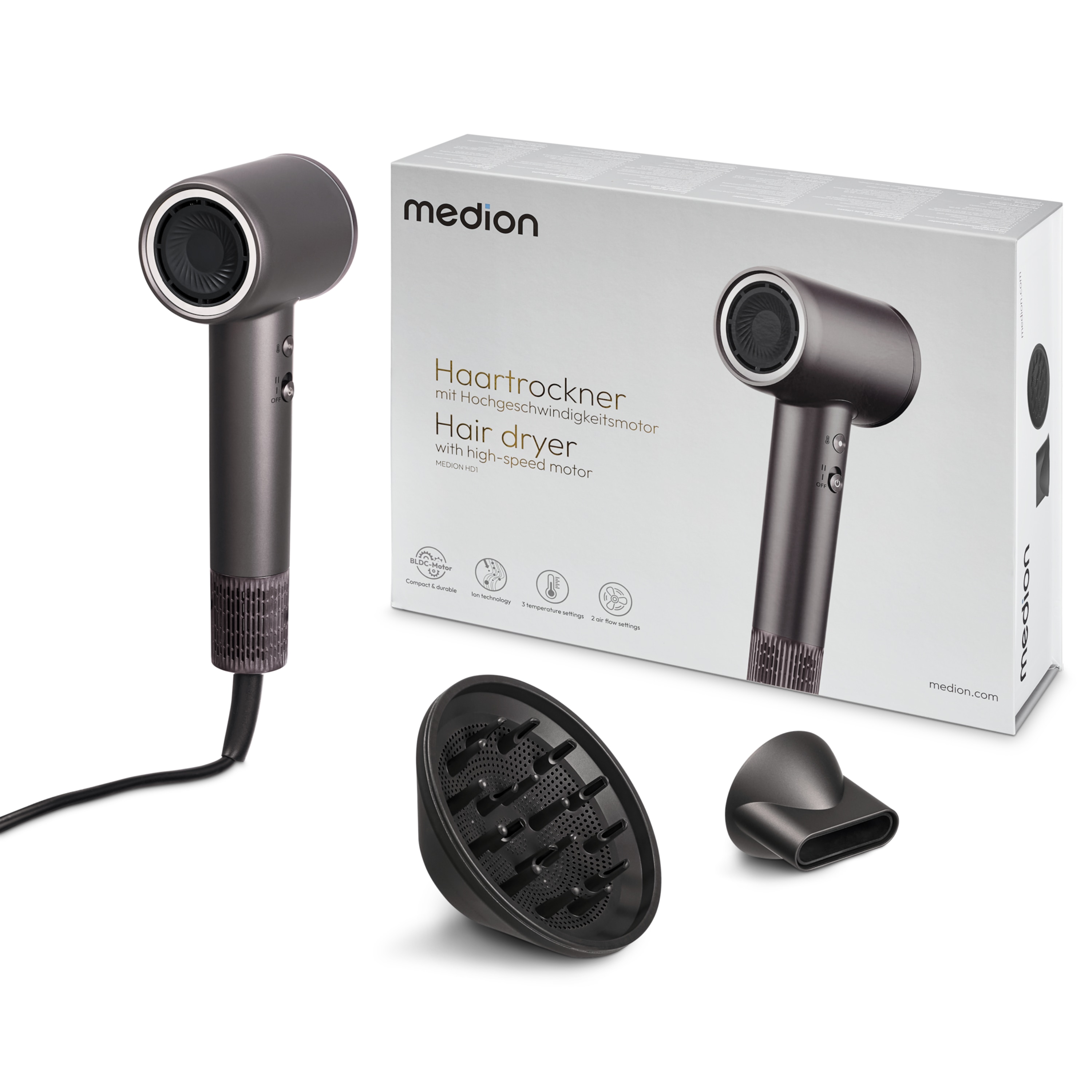 MEDION® LIFE HD1 Haartrockner mit Ionen-Technologie, 1.600 Watt, Selbstreinigungsfunktion, Magnetische Aufsätze: Stylingdüse und Diffusor, 3 Temperatur- und 2 Luftstromstufen