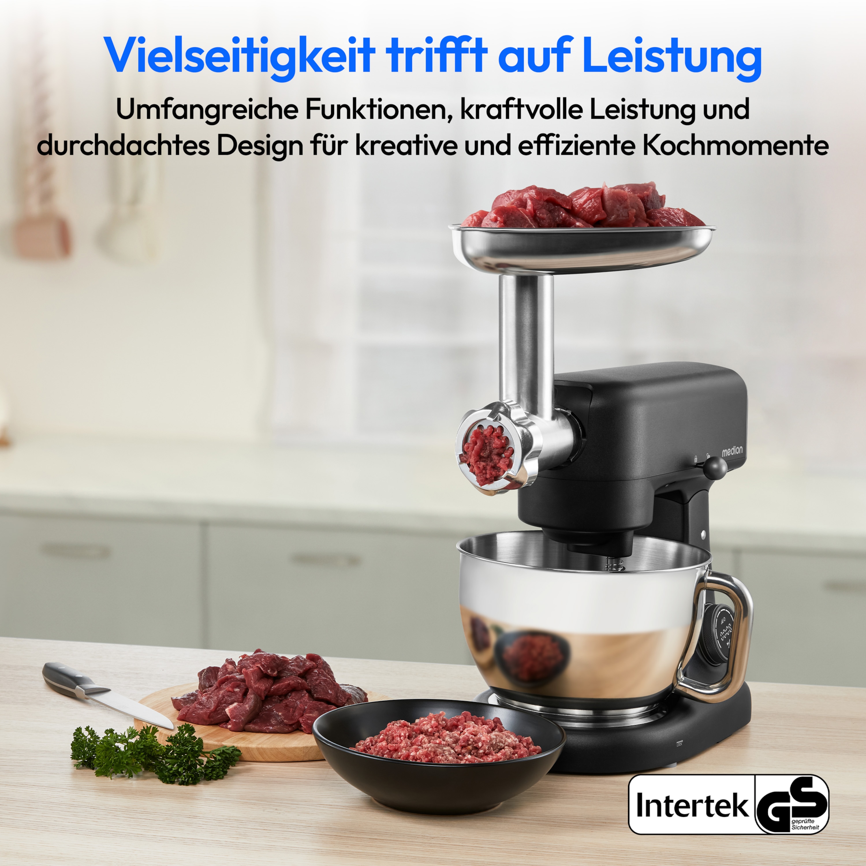 MEDION® LIFE Digitale Küchenmaschine MD12600, 800 W Gleichstrommotor, Energiesparend, Ultraleise, Digitales Sensor-Touch-Display, 4,6 L Edelstahlschüssel, Inkl. Fleischwolf