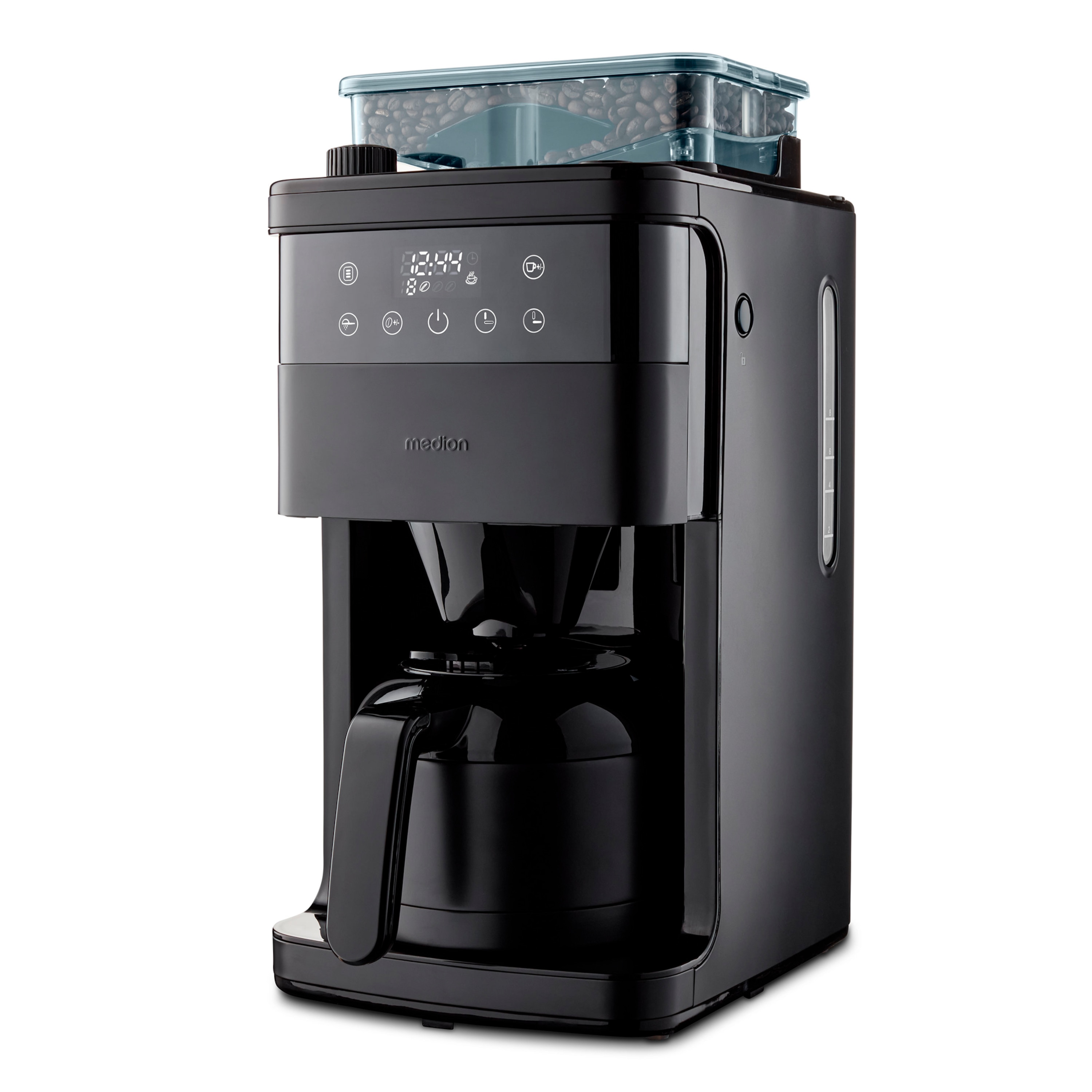 MEDION Kaffeemaschine mit Mahlwerk MD 19911, 8 Mahlstufen, 1 Liter Wassertank, Thermoskanne, Timer-Funktion, 800 - 1000 Watt