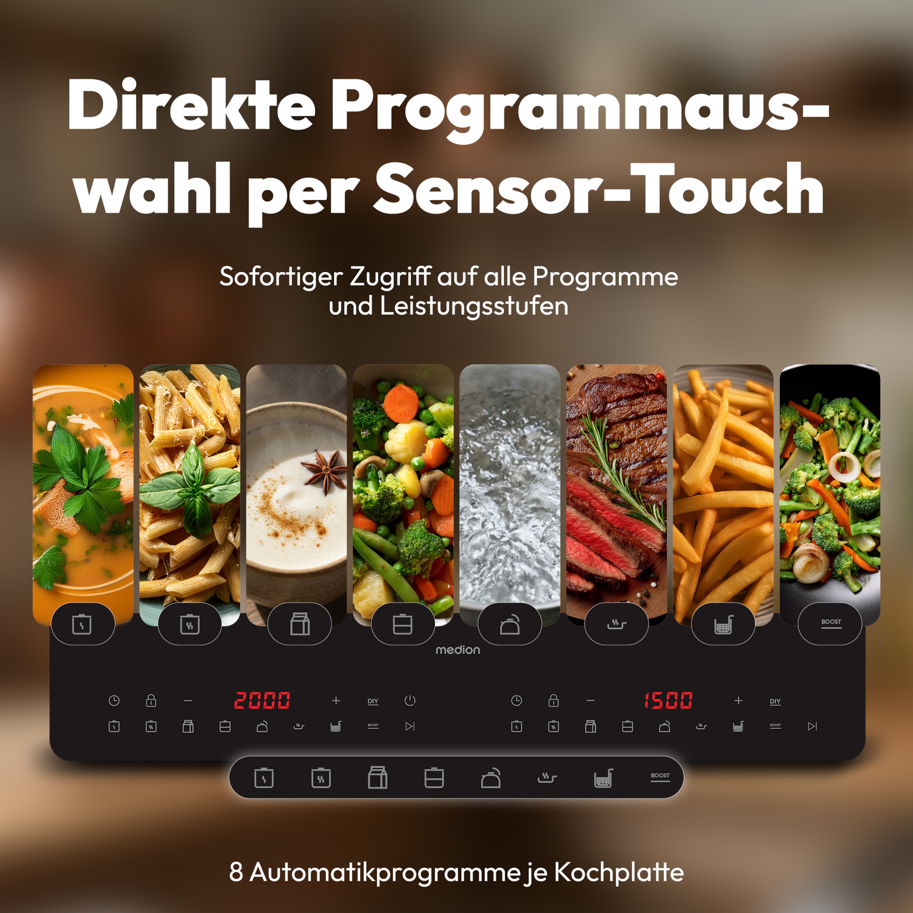 MEDION® Life IC20D Induktionskochplatte (MD 100091), extra flach, 3500 Watt Induktionsleistung, 2 Kochplatten mit je 8 Automatikprogrammen und DIY, LED Display mit Touchbedienung, Nahtlose Kristallglas-Oberfläche