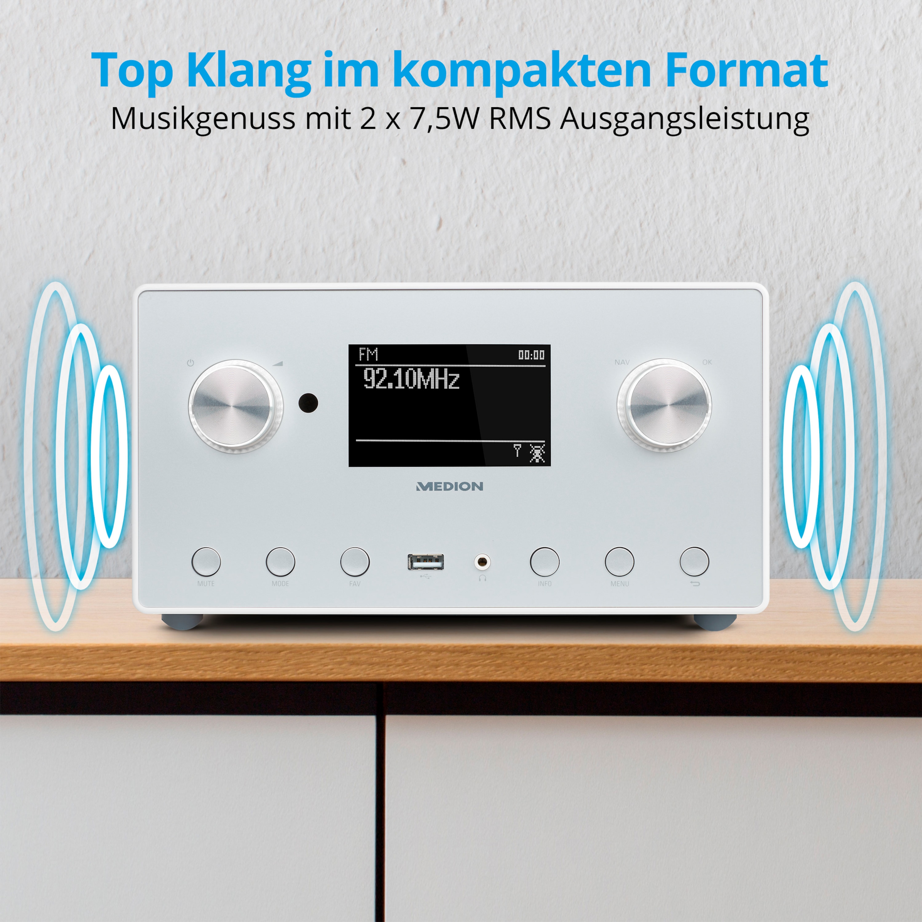 MEDION® LIFE® P85166 Stereo Internetradio, 8,9 cm (3,5'') Monochrom-Display, DAB+/UKW-Empfänger, Spotify®-Connect, WLAN, DLNA, USB 2.0-Anschluss, 2 x 7,5 W RMS