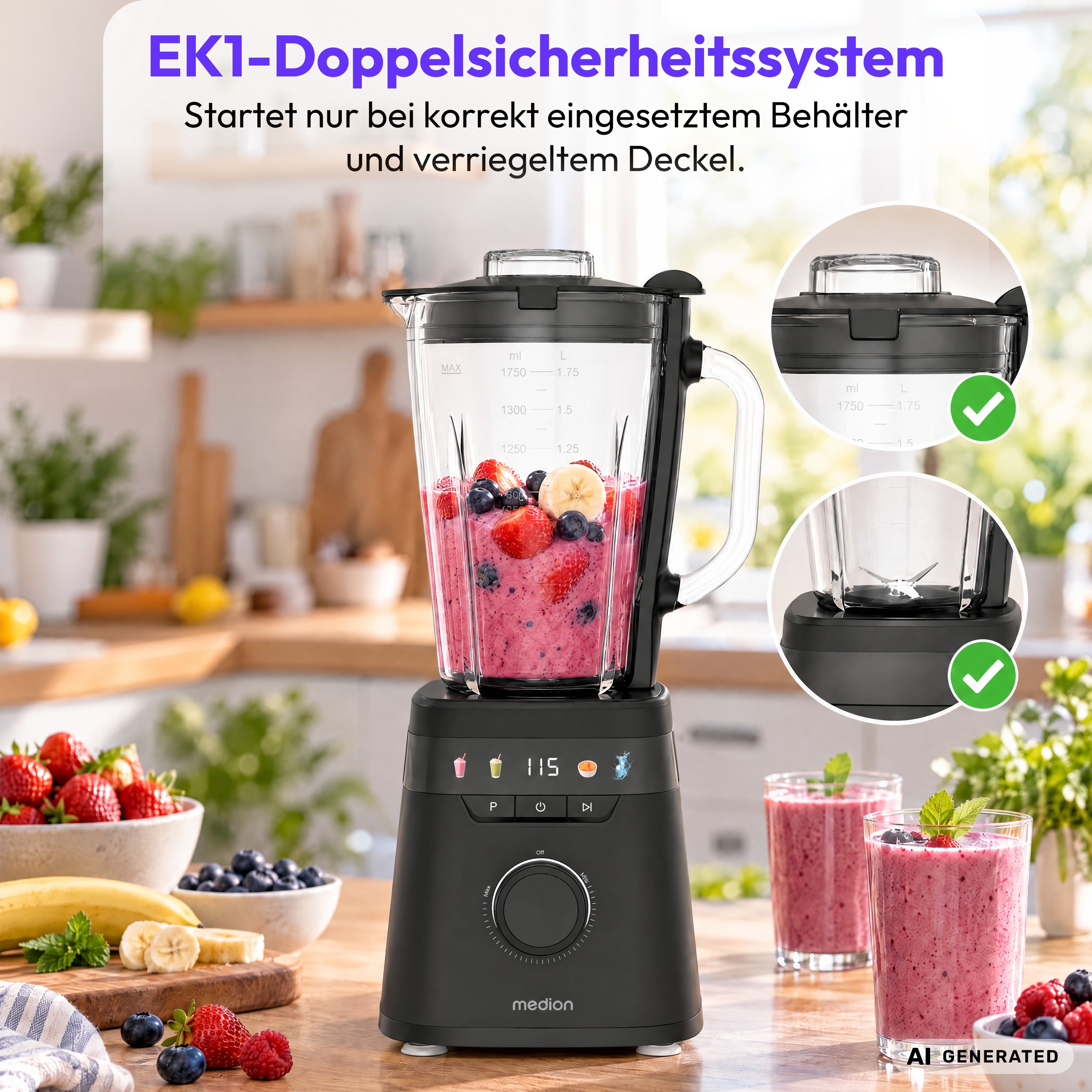MEDION® LIFE® Standmixer MD 100105, 900 Watt (neue GS Norm), 1,75 Liter Glasbehälter, 4 Automatikprogramme, LED-Display, stufenlose Geschwindigkeitsregelung, To-go-Flasche