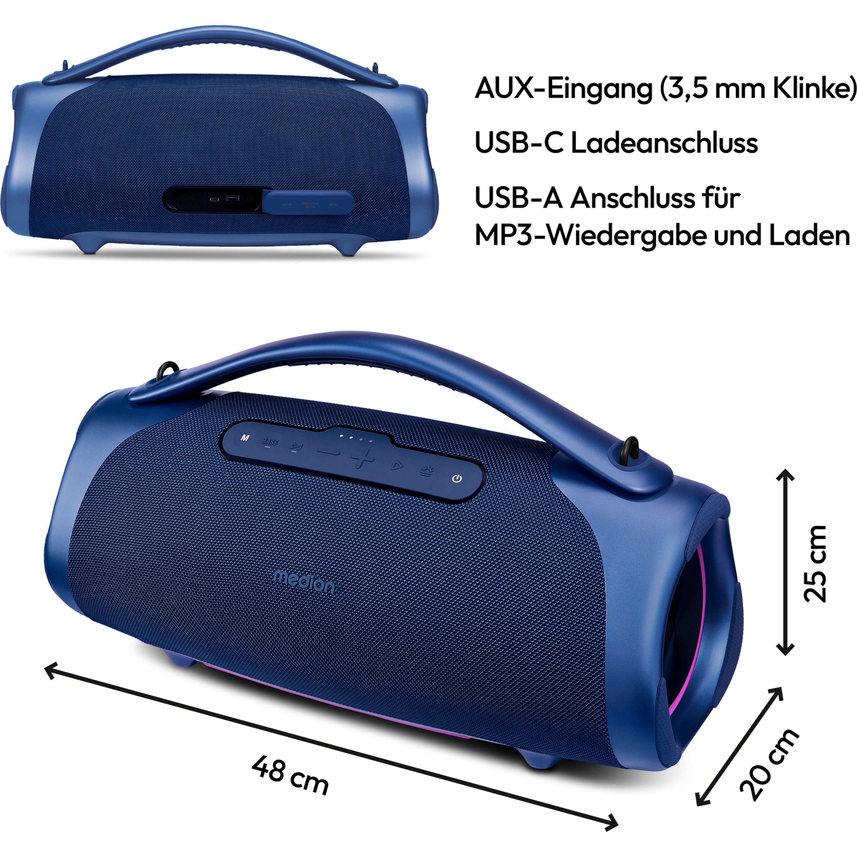 MEDION® LIFE® P61768 Tragbarer Bluetooth® Lautsprecher XL, Dual Illuminated & Lightstrip (RGB-Lichteffekte), Bluetooth® 5.3, integrierter Akku mit bis zu 30 Stunden Laufzeit, robustes & mobiles Design, 2 x 25 W + 50 W RMS