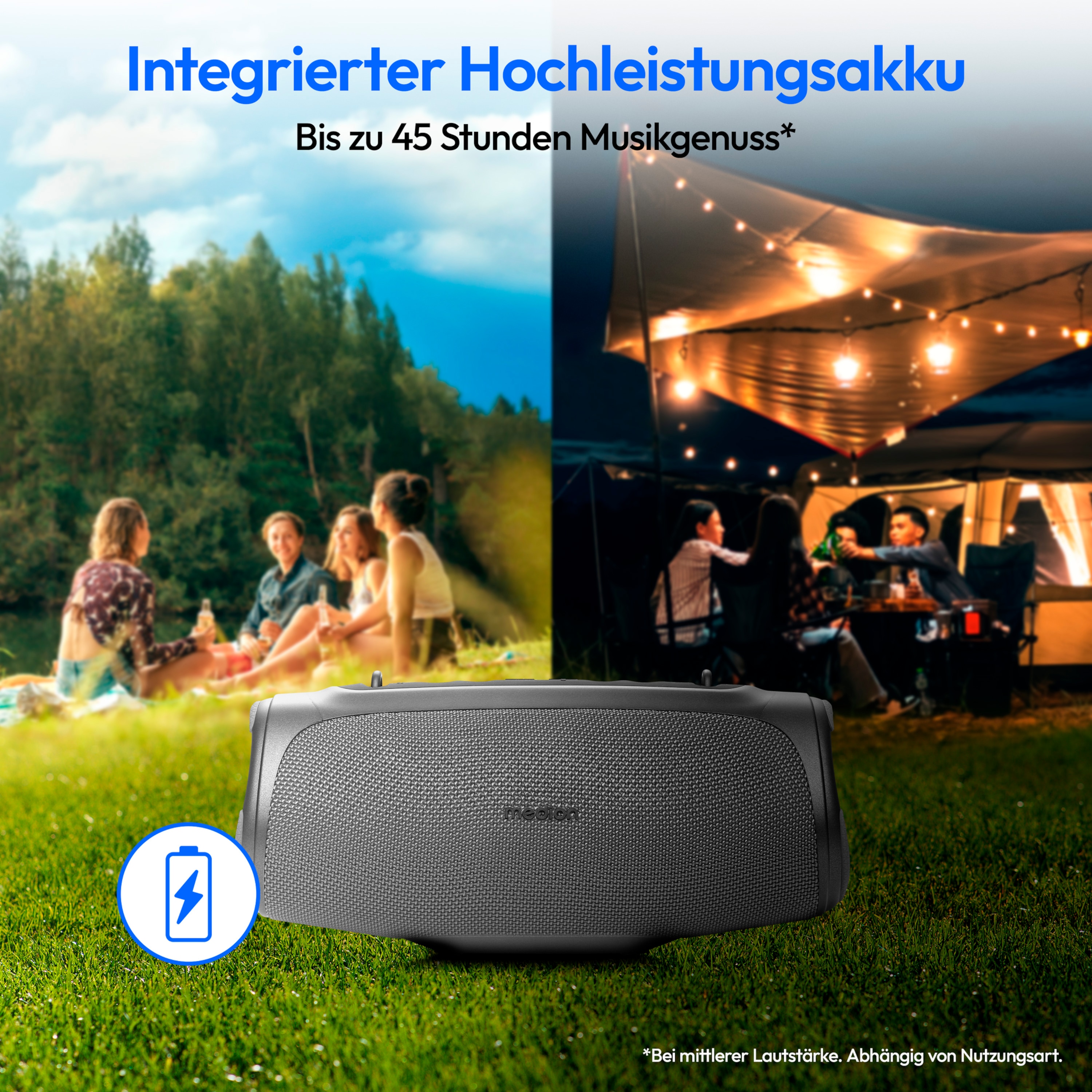 MEDION® LIFE® P61746 Tragbarer Bluetooth® Lautsprecher M, Dual Illuminated (RGB-Lichteffekte), Bluetooth® 5.3, integrierter Akku mit bis zu 42 Stunden Laufzeit, robustes & mobiles Design, 2 x 15 W RMS