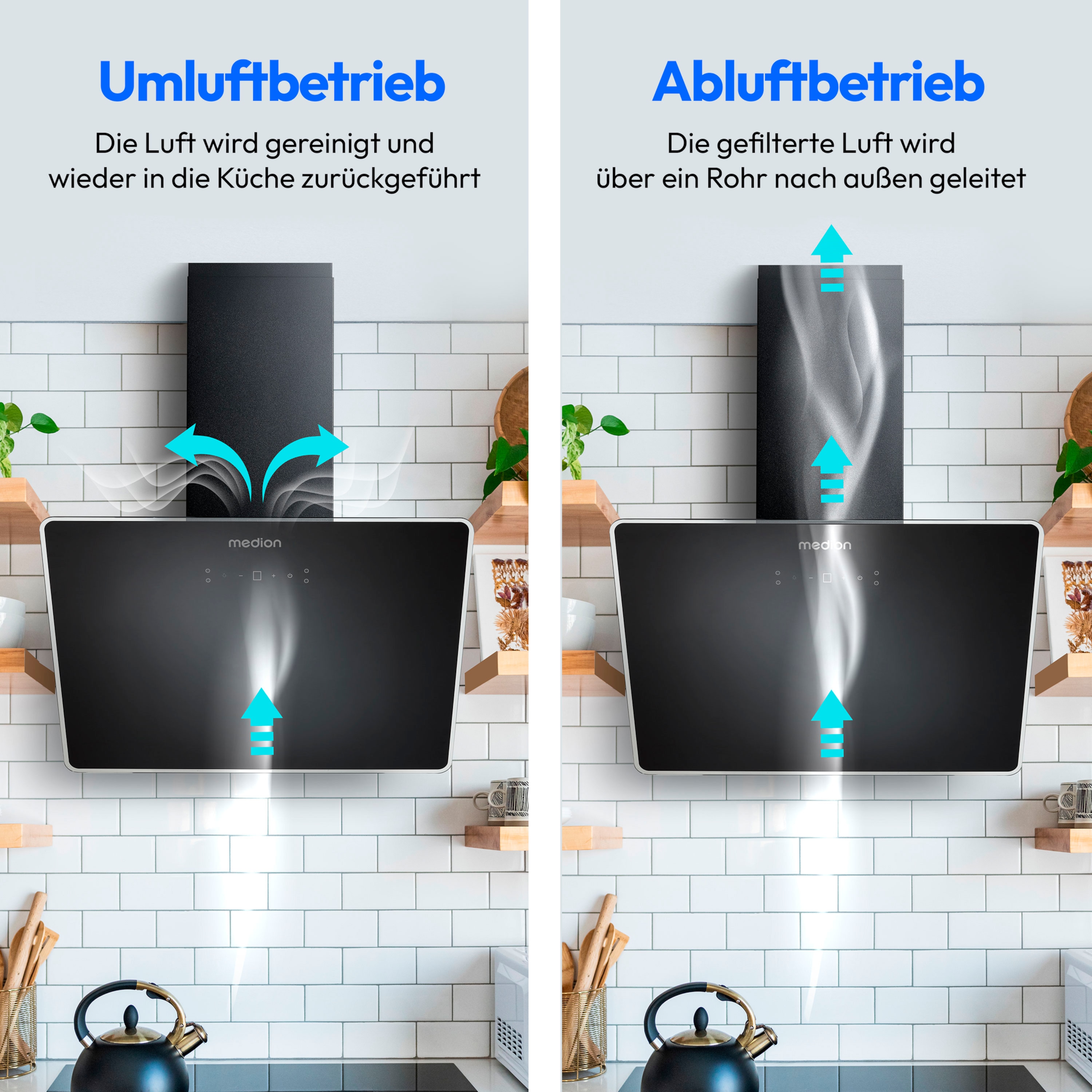 MEDION® Kopffreie Glas-Dunstabzugshaube MD 37774, Breite 60cm, LED-Beleuchtung, 3 Geschwindigkeitsstufen, Steuerung per Touch oder mit Gesten