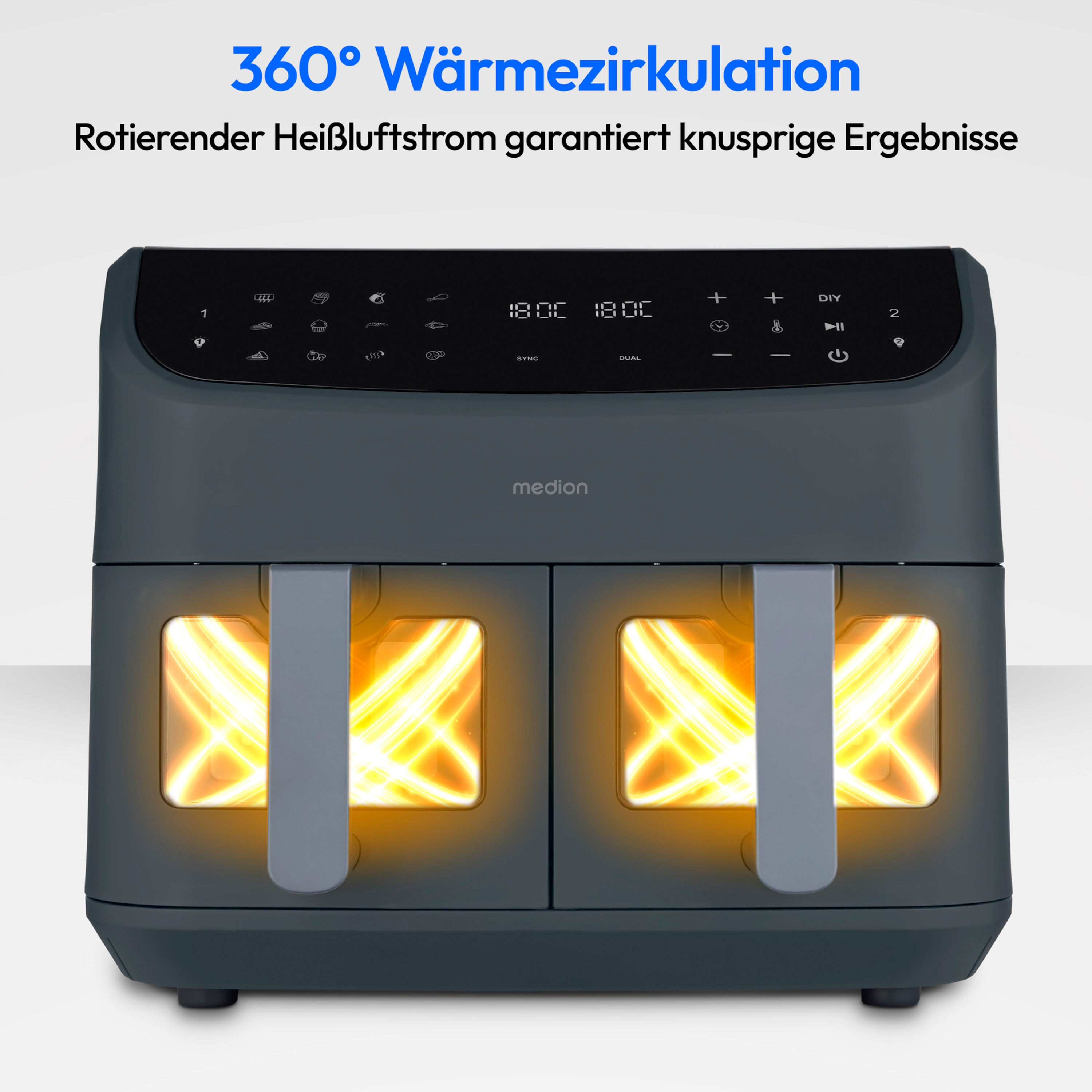 MEDION® LIFE® P20 XXL Twin Doppelzonen-Heißluftfritteuse MD 11760 matt grau, 100 Rezepte in der Life+ App, 2 separate Garzonen, 9 Automatikprogramme, 8,7 L Gesamt-Nutzinhalt, 2.600 Watt, Temperatur einstellbar bis 200 °C