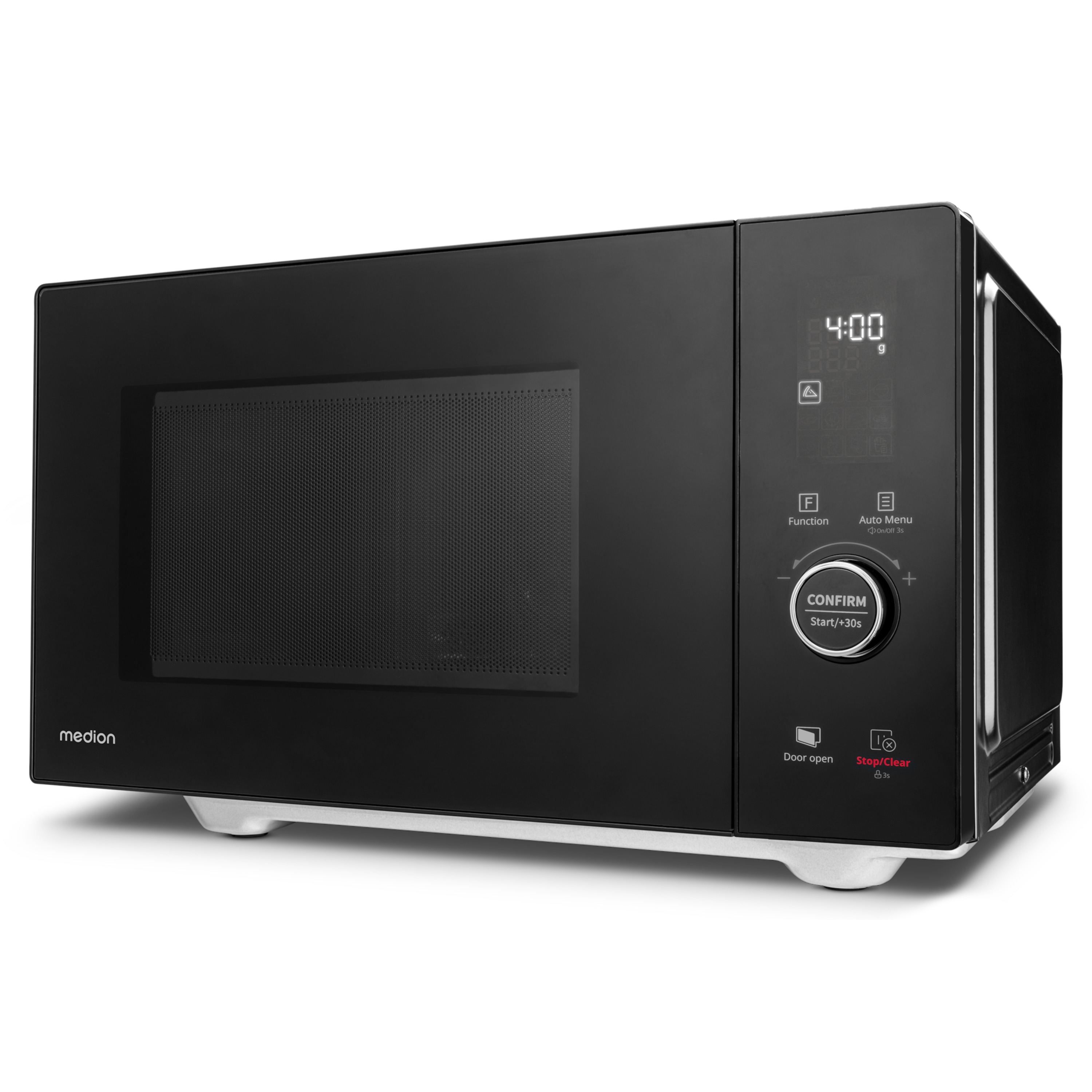 MEDION® LIFE® 4 in 1 Mikrowelle MD12041, 900 Watt Mikrowellenleistung, 1100 W Obergrillleistung, 500 W Untergrilleistung, 2100 W Heißluftfunktion, 2 Heizelemente, Sensor-Touch-Türöffnung, 11 Automatikprogramme, 25 L Kapazität, 10 Leistungsstufen
