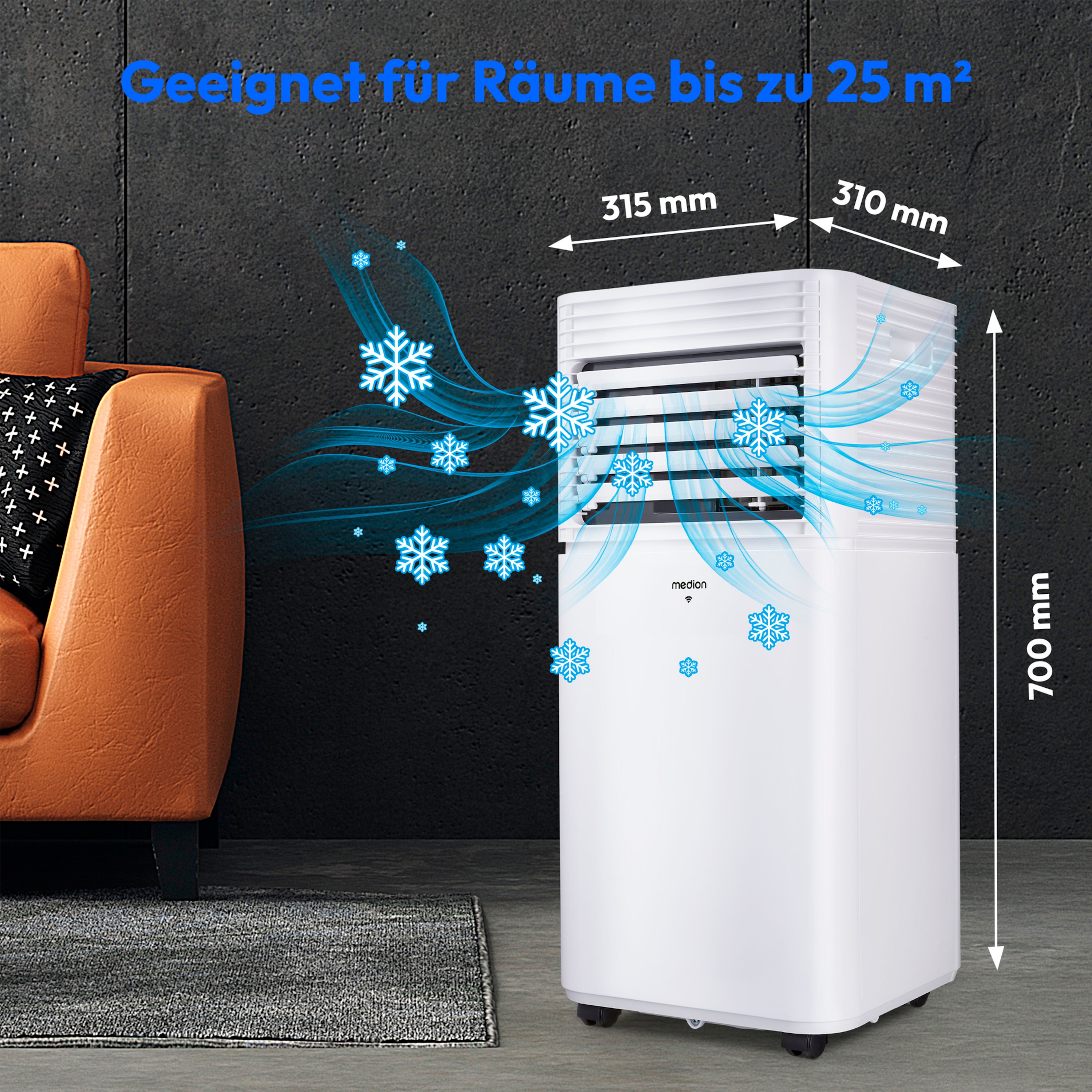 MEDION® LIFE® P701 Klimaanlage (MD 37672), Kühlen, Entfeuchten und Ventilieren, Kühlleistung 7.000 BTU, Kühlmittel R290, max. 25m², App- und Sprachsteuerung, Inkl. Fenster-Kit