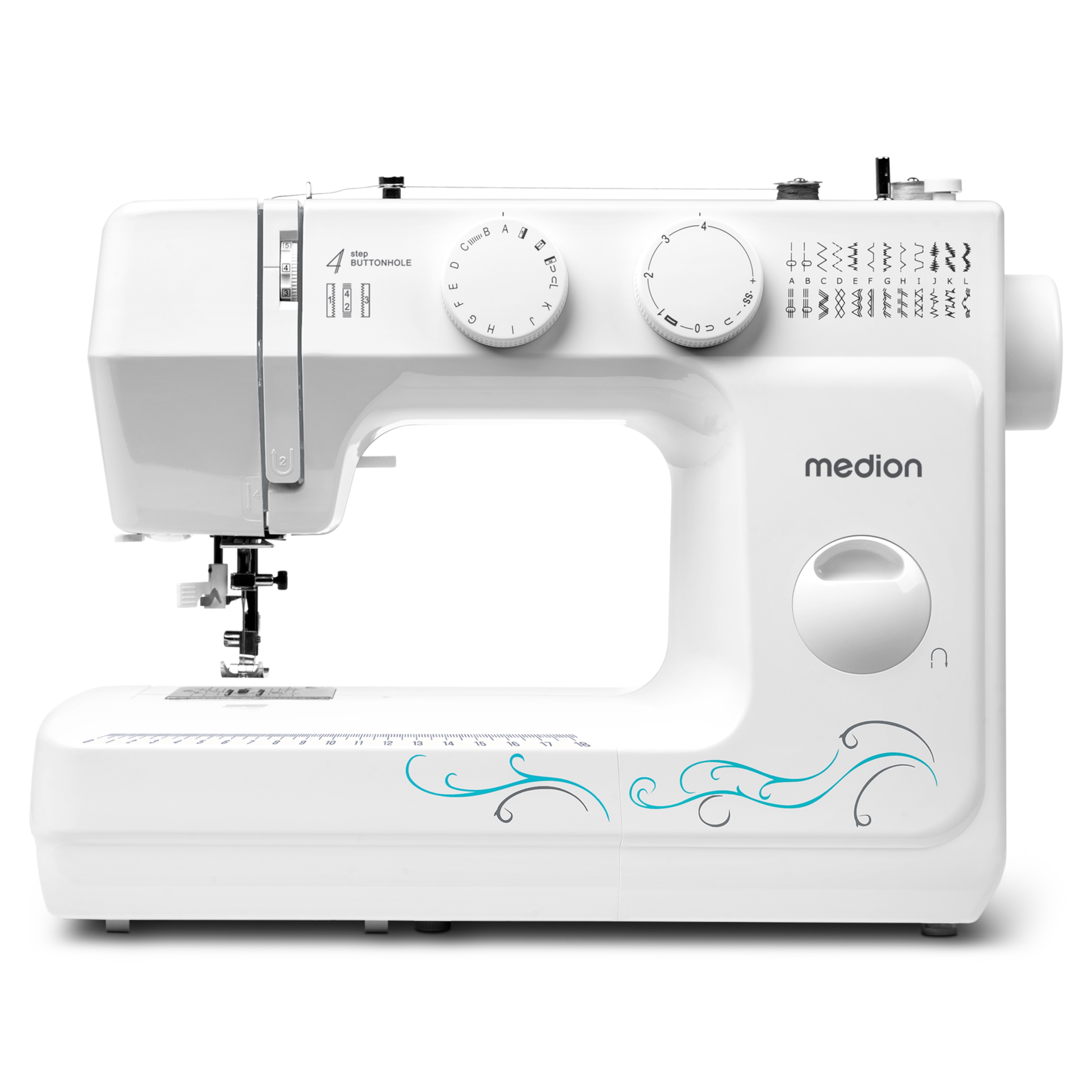 MEDION® Freiarm-Nähmaschine MD 18205, 60 verschiedene Stichmuster, Knopfloch- und Einfädelautomatik, LED-Nählicht, umfangreiches Zubehör
