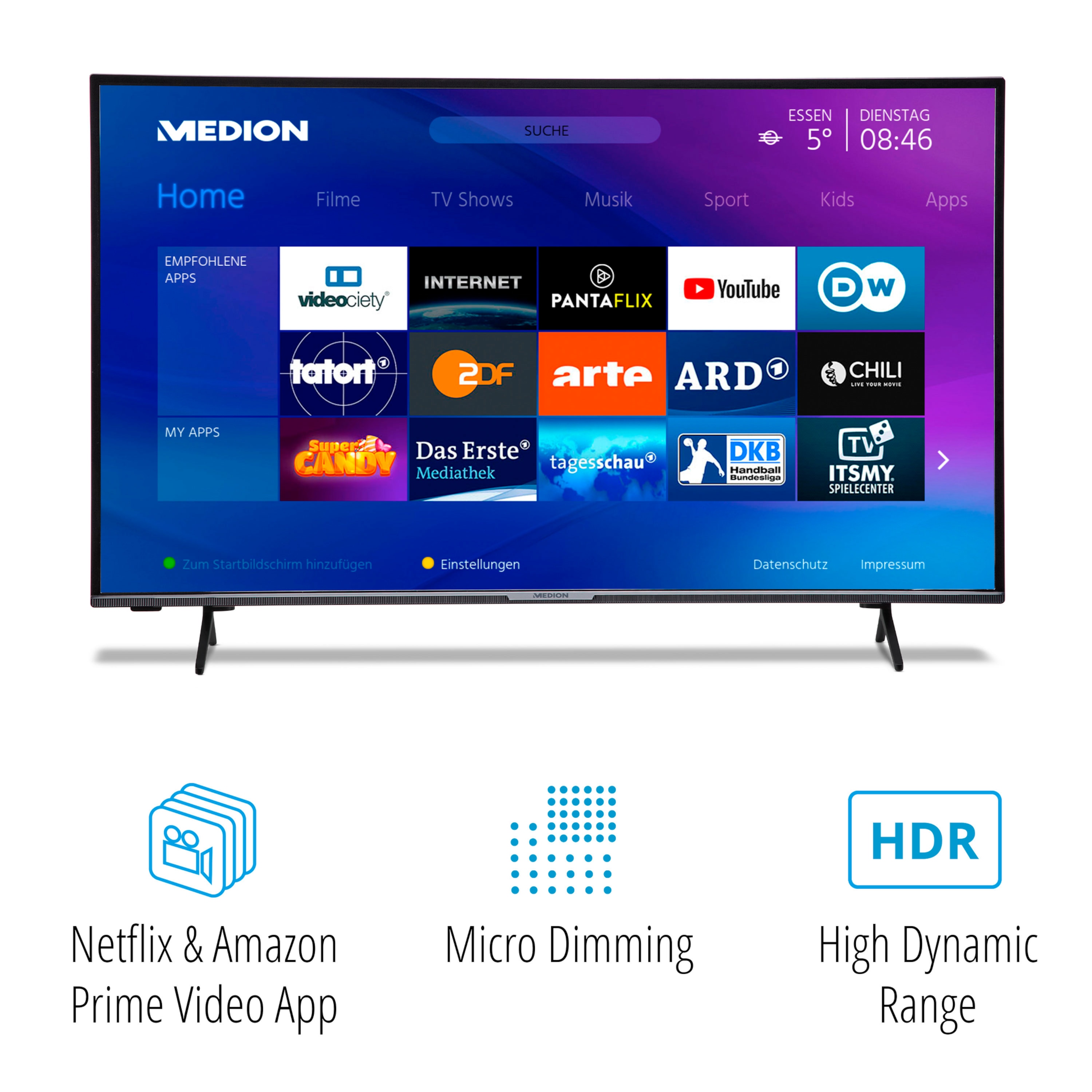 MEDION® LIFE® X14351 Smart-TV, 108 cm (43'') Ultra HD Display, HDR, Micro Dimming, PVR ready, Netflix, Amazon Prime Video, Bluetooth®, DTS HD Sound, HD Triple Tuner, CI+